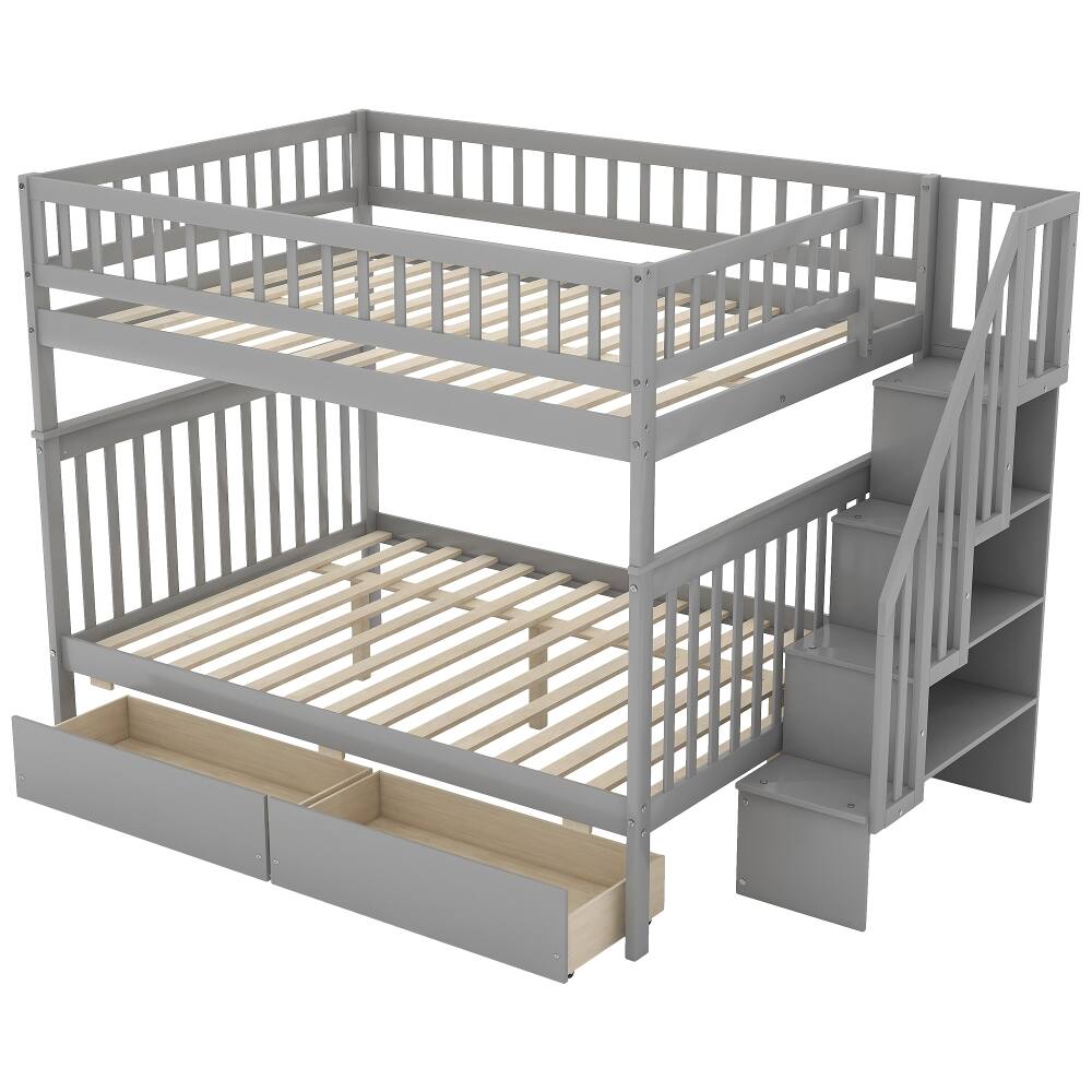 Alt View 2. Loheer - Loheer Full Over Full Bunk Bed with Drawers, Gray Pine Wood Bunk Bed with Storage and Ladder, 250lb Capacity - Gray.