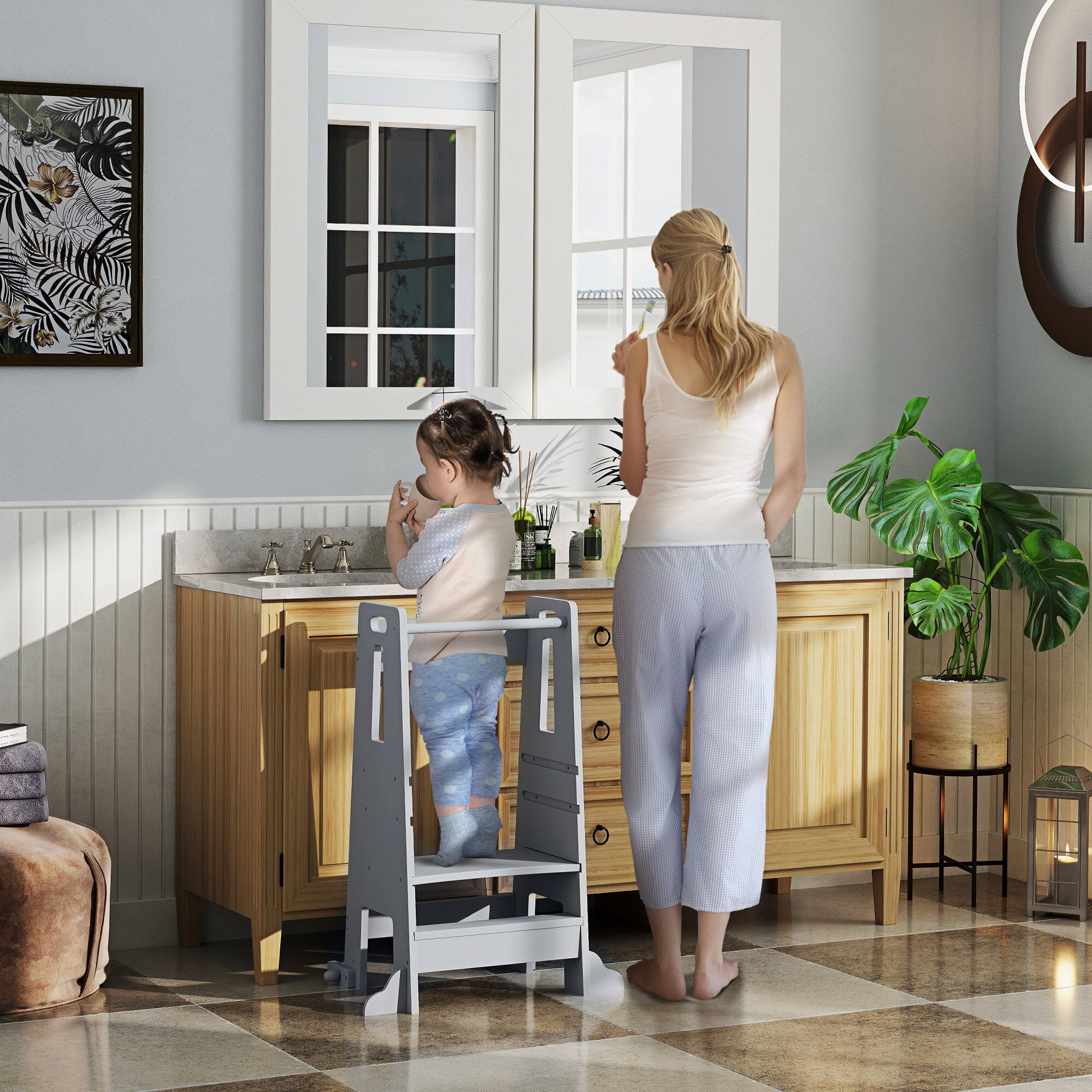 Angle. Qaba - Toddler Tower, Safety Rail, Adjustable Height Kitchen Stool Helper, Handlbar, Step Stool, 3-6 Years, Bathroom, Sink - Gray.