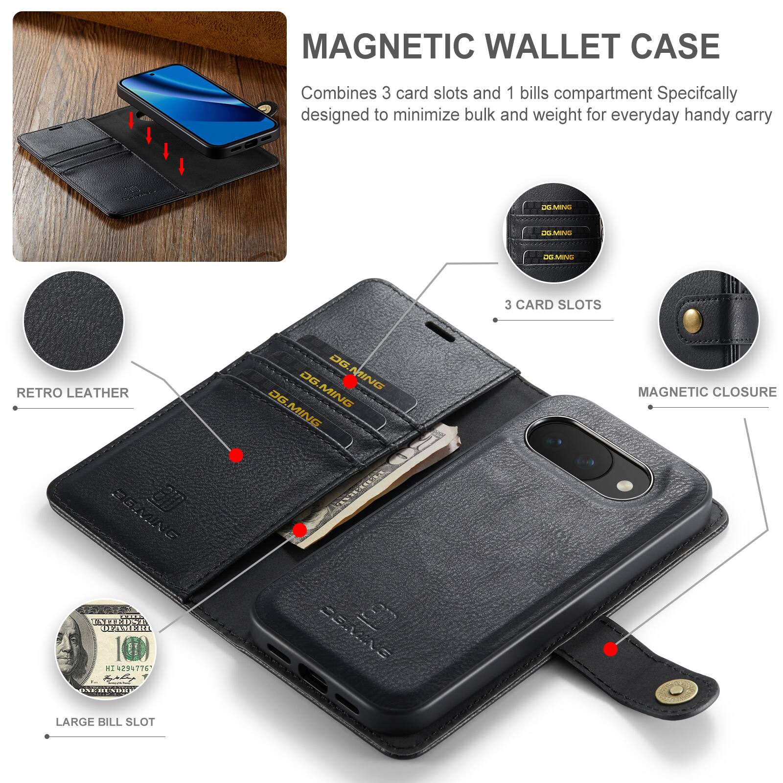 MAGNETIC WALLET CASE  
Combines 3 card slots and 1 bills compartment  
Specifically designed to minimize bulk and weight for everyday handy carry  

3 CARD SLOTS  
RETRO LEATHER  
MAGNETIC CLOSURE  
LARGE BILL SLOT
