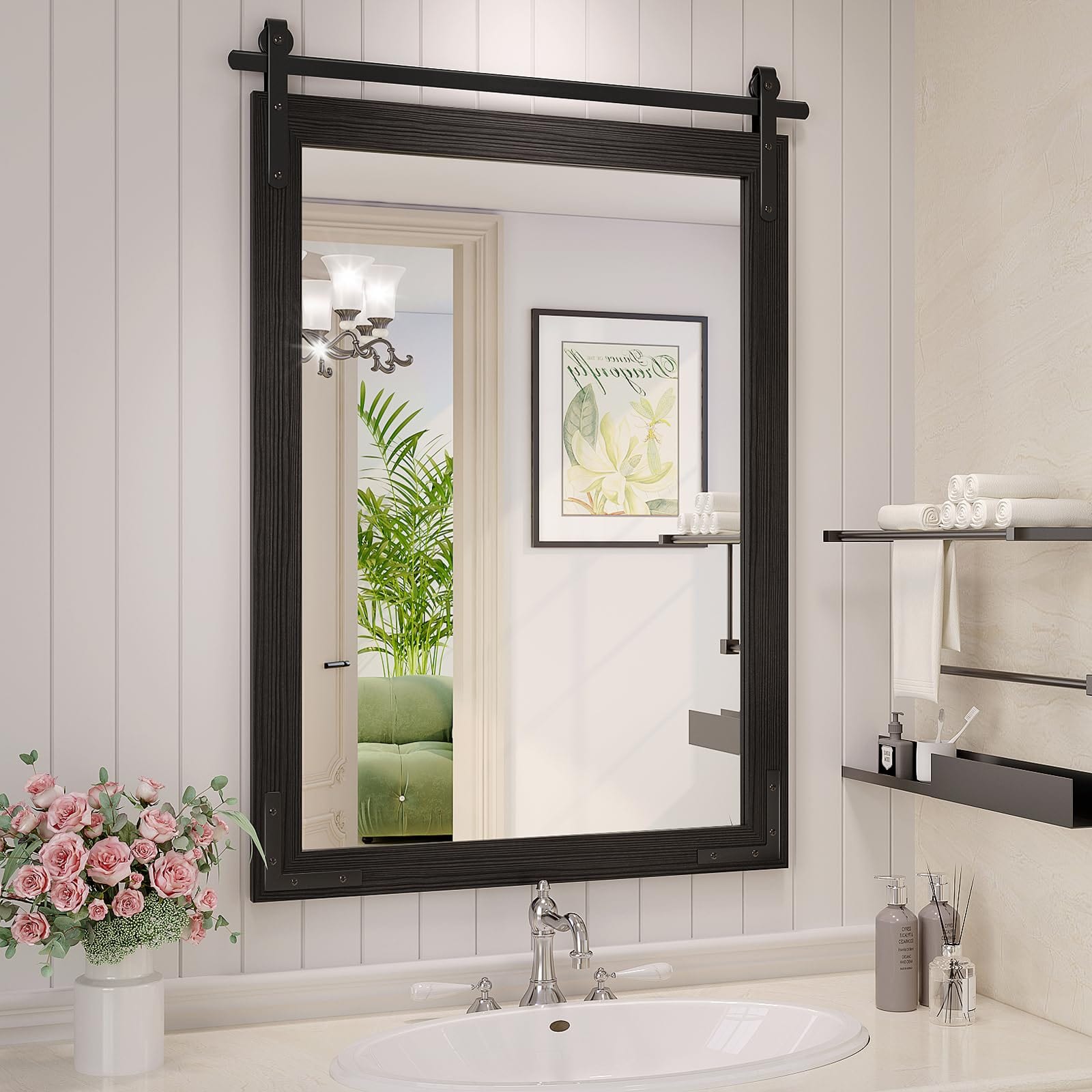 Cedar Assembly - Farmhouse Bathroom Mirror Wood Framed Rustic Vanity Mirrors For Wall Rectangular Decor Bedroom Living Roo - Black-55"L x 36"W