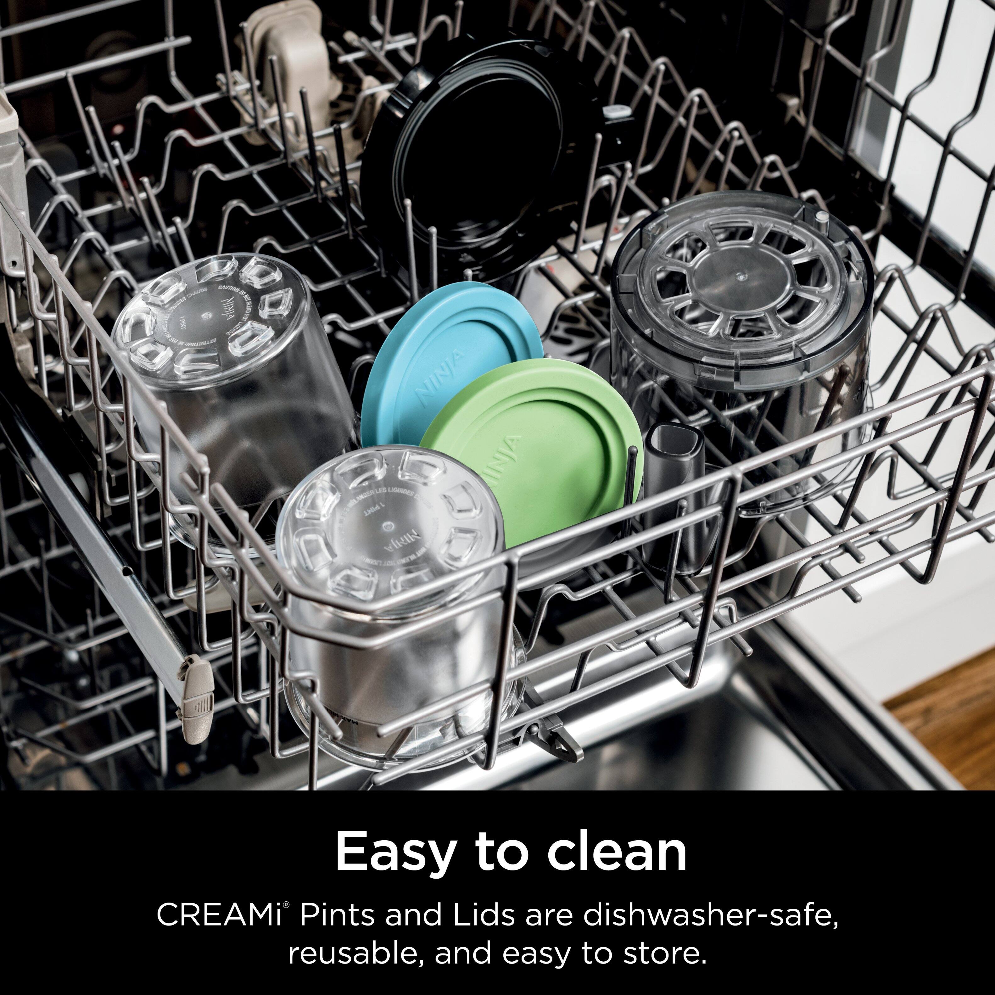 CREAMi Pints and Lids are dishwasher-safe, reusable, and easy to store.