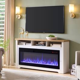 Rbied - 70in TV Stand with 60in Smart Fireplace White - Cream White