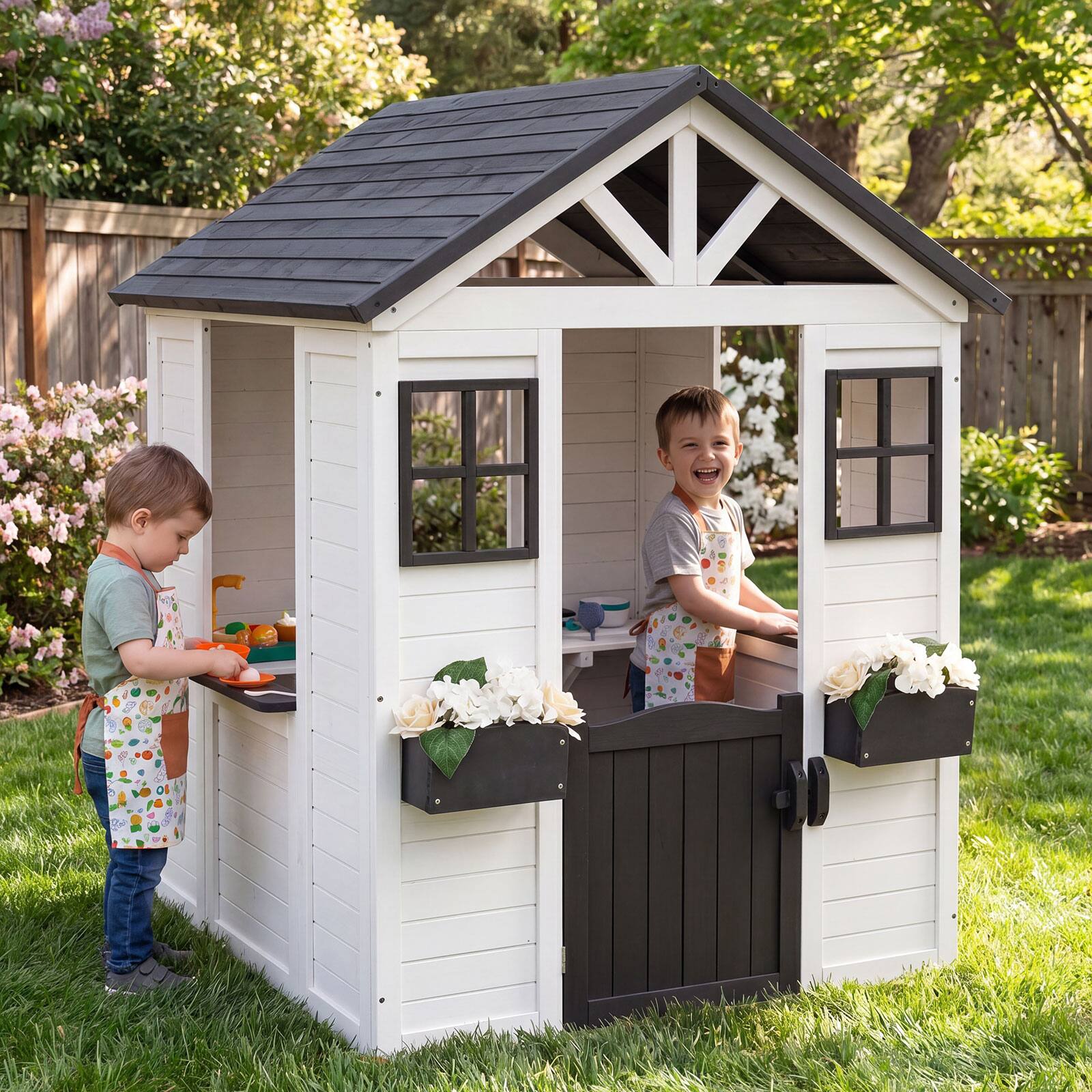 Alt View 1. Costway - Costway Kids Outdoor Playhouse with Sink, Spruce Wooden Cottage with Half Door, Flower Pots - White.