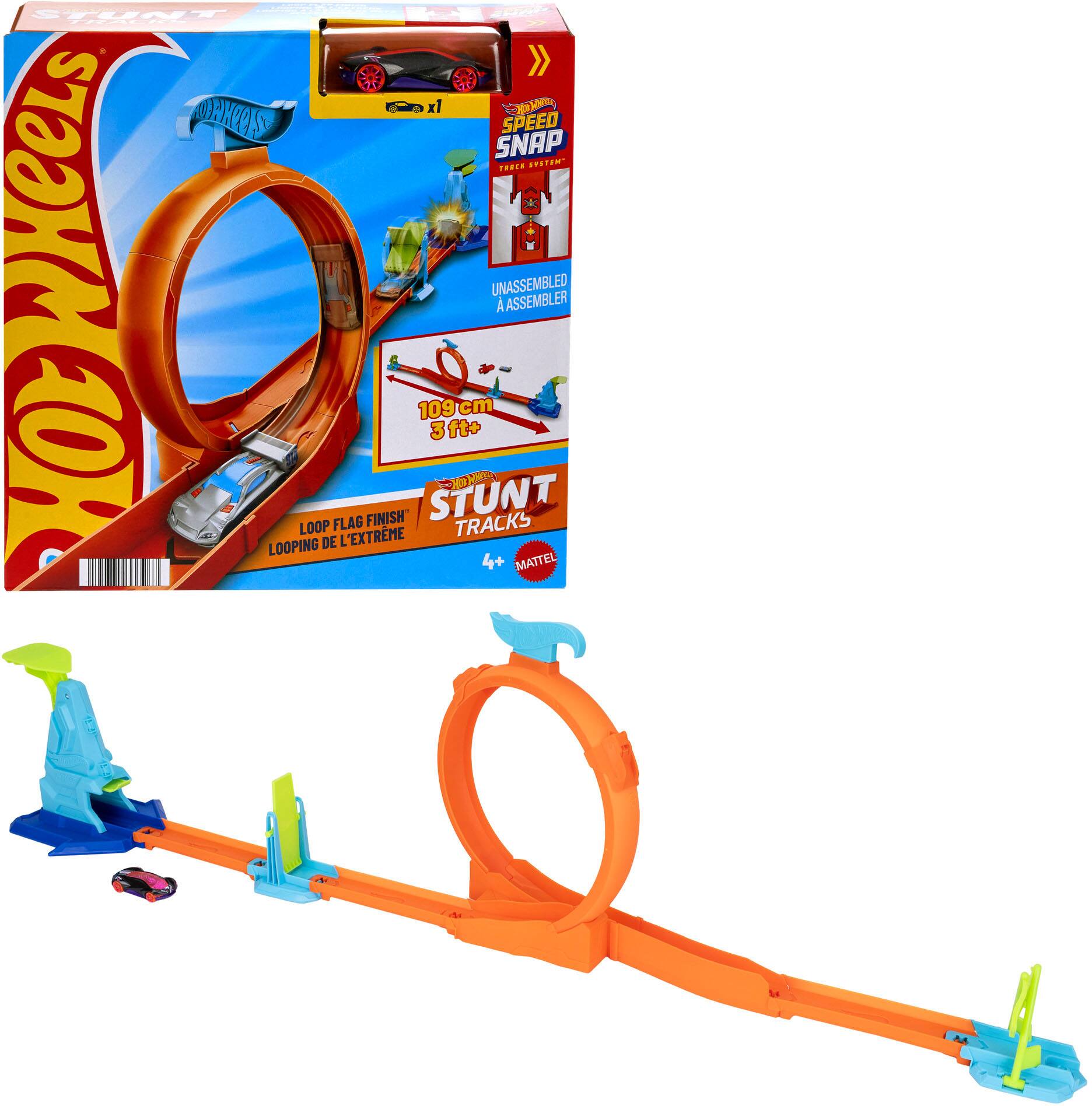 STUNT 5 x1 ANPA SPEED SNAP PO... aETEM H HODWKeeLS UNASSEMBLED A ASSEMBLER 109 cm 3ft+ 3 We FLAG FINISH STUNT LOOP L'EXTREME TRACKS LOOPING DE 4+ MATTEL