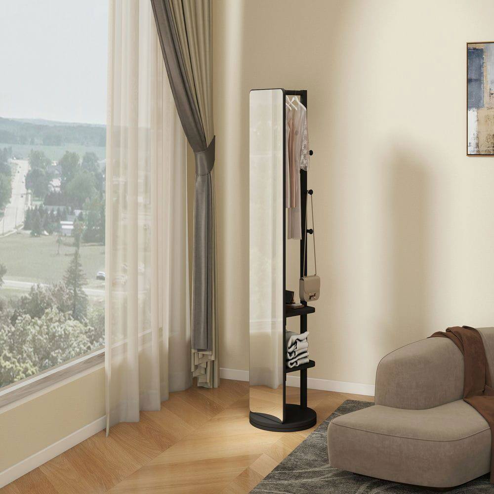 Alt View 5. Kadyn - 66"x14" 360° Rotating Multifunctional Mirror, Solid Wood Mirror with Hook Storage & Coat Rack for Bedroom/Cloakroom.