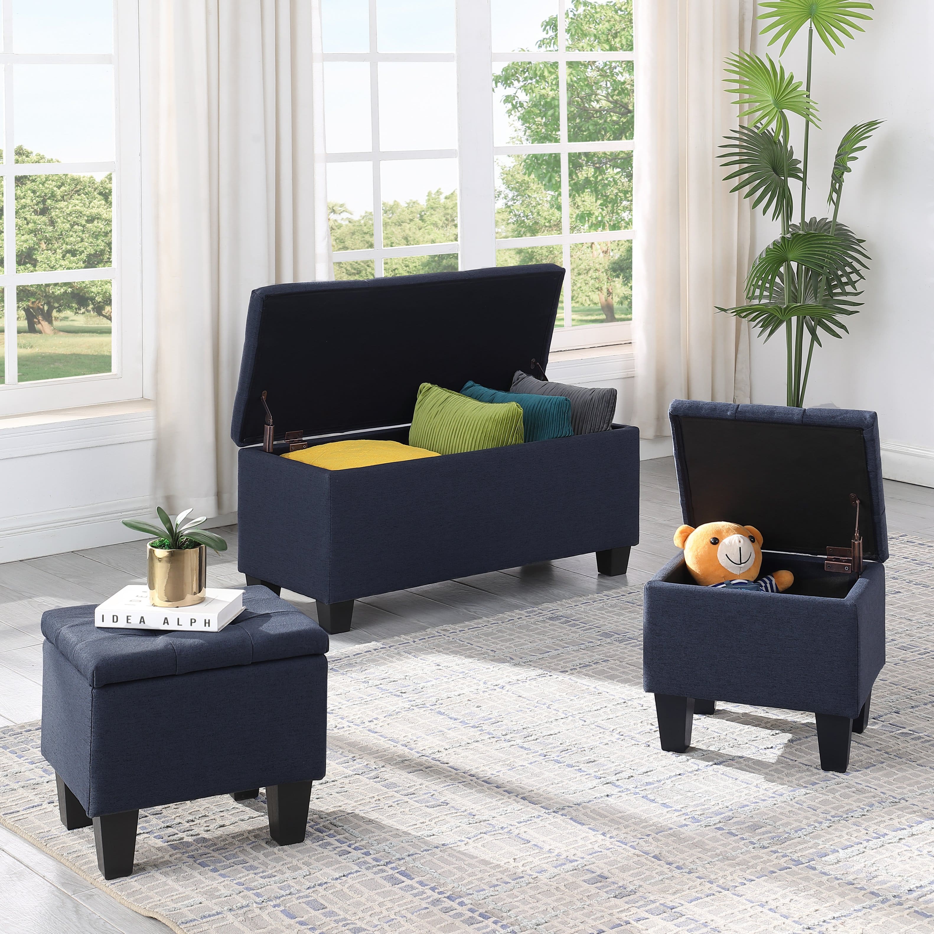 Ropilly - Three in One Storage Ottoman Bench Set Tufted Linen Entryway Bench - Blue