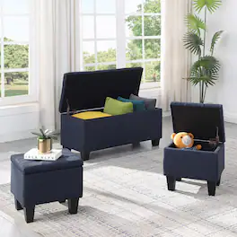Ropilly - Three in One Storage Ottoman Bench Set Tufted Linen Entryway Bench - Blue