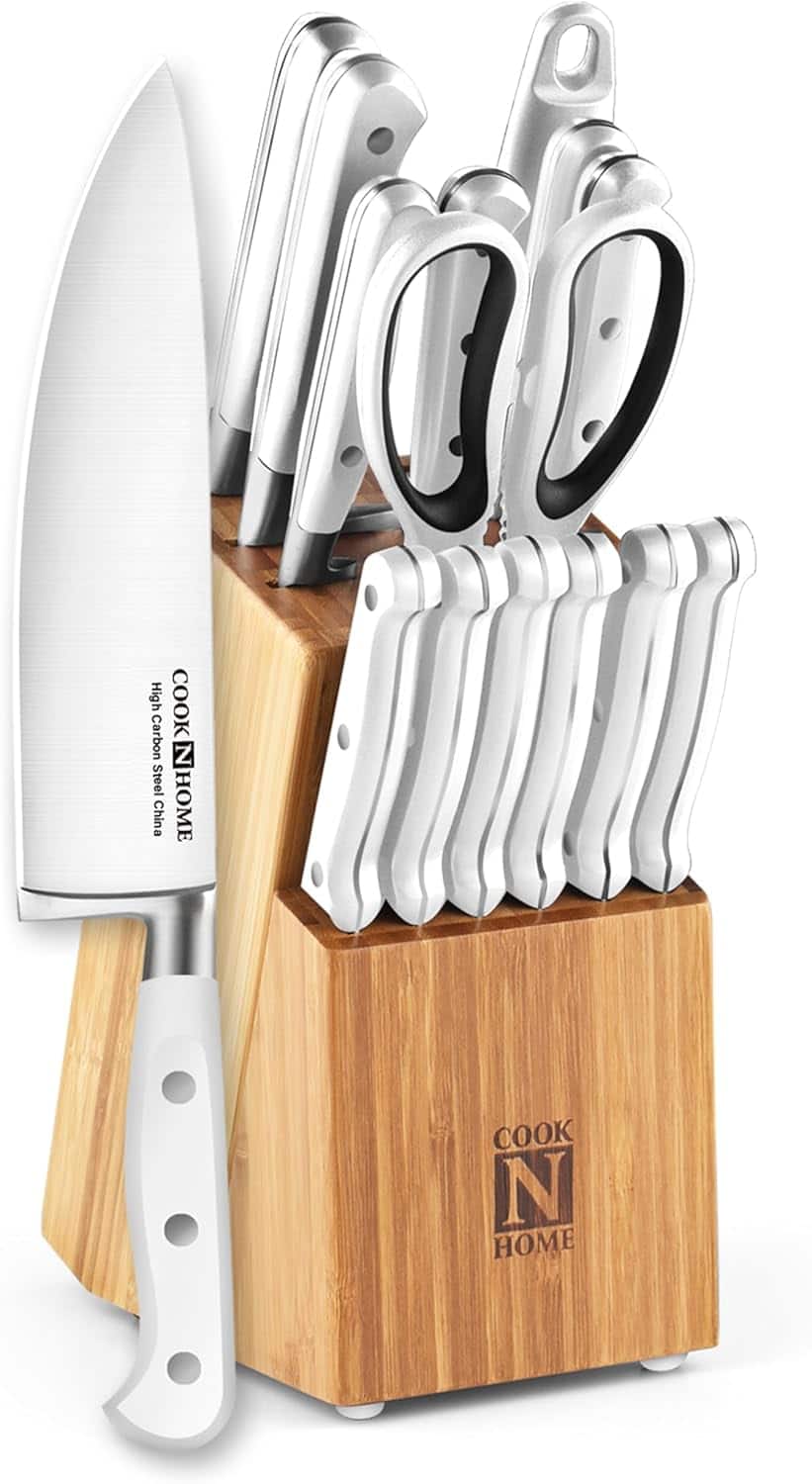 Cook N Home - Basics Bamboo Kitchen Cutlery Block Set with Knifes, High Carbon Stainless Steel Blade, 15-Piece - White price history on PriceWatchPro