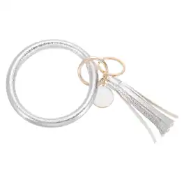 Unique Bargains - PU Leather Circle Wristlet Keychain, Tassel Pendant Round Bangle Keyring Bracelet Holder for Women Car Keys, 1pc - Silver