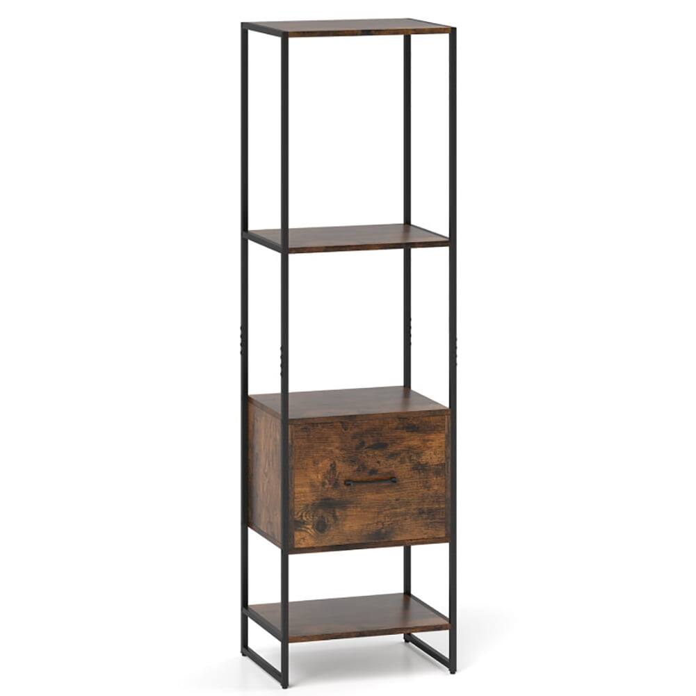 Alt View 1. Pefilos - 5-Tier Narrow Bookcase, Book Shelf with 4 Open Shelves and Storage Drawer, Rustic Brown - Brown.