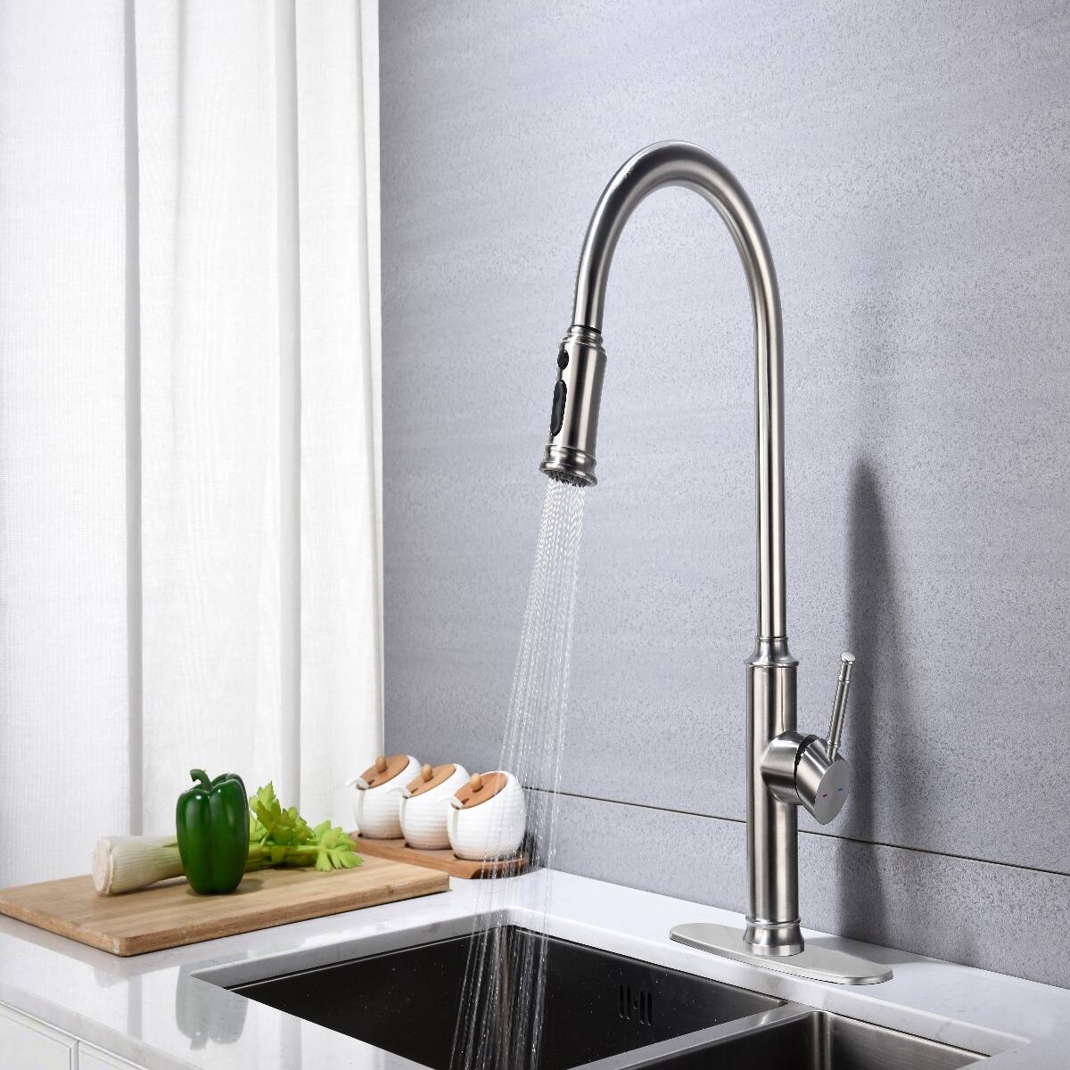 Left. Ropilly - Ropilly Pull Down Kitchen Faucet, Brushed Nickel Single Handle High Arc Faucet with Pull Down Sprayer - Brushed Nickel.