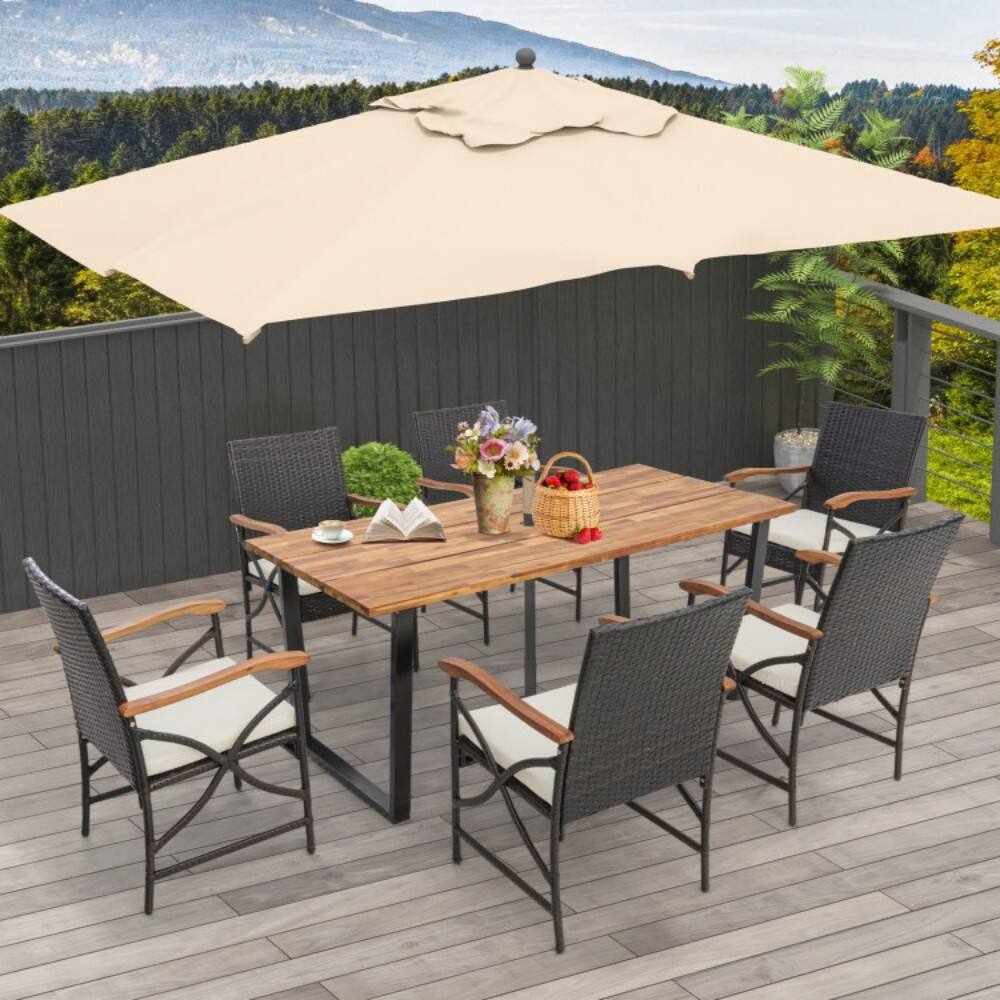 Angle. Mondawe - 7 Pieces Rattan Patio Dining Set with Umbrella Hole - Mix Brown.