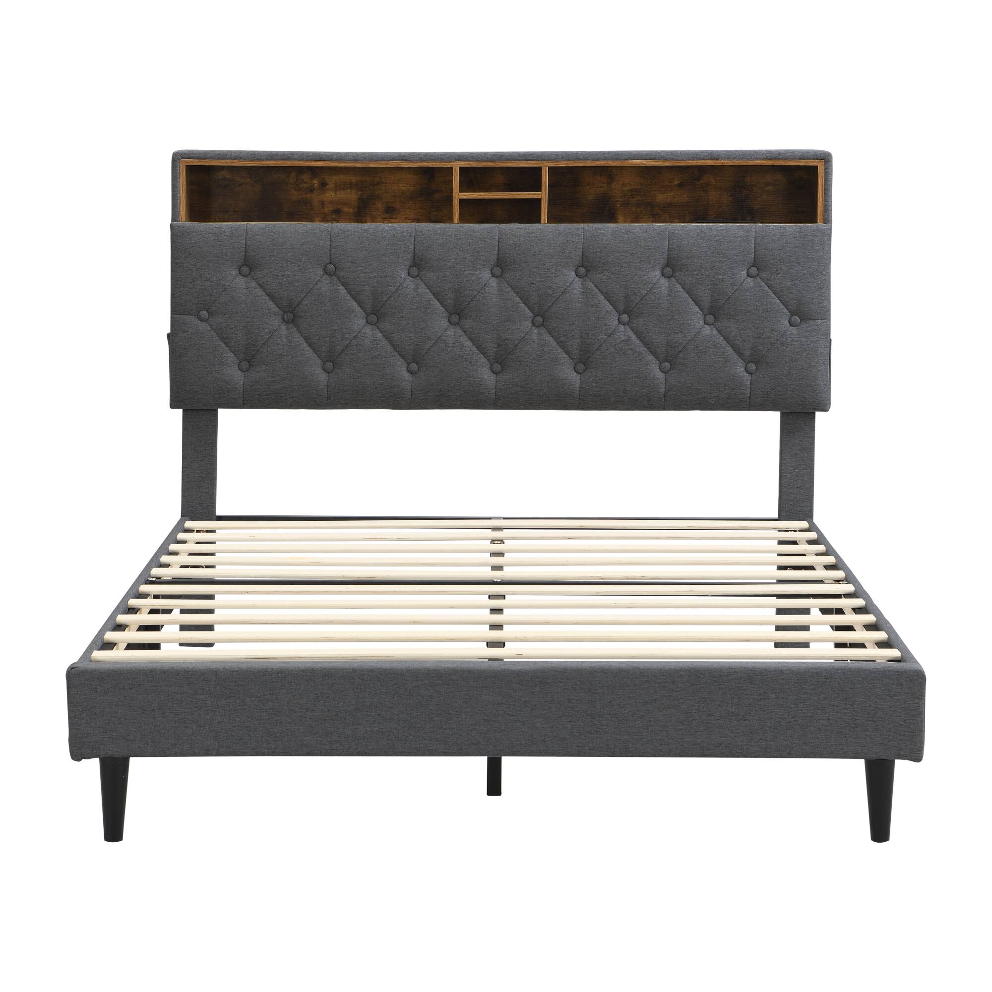 Alt View 2. GOODSILO - Queen-Size Upholstered Platform Bed Frame with Modern Button-Tufted Headboard and USB Charging Ports - Dark Gray.