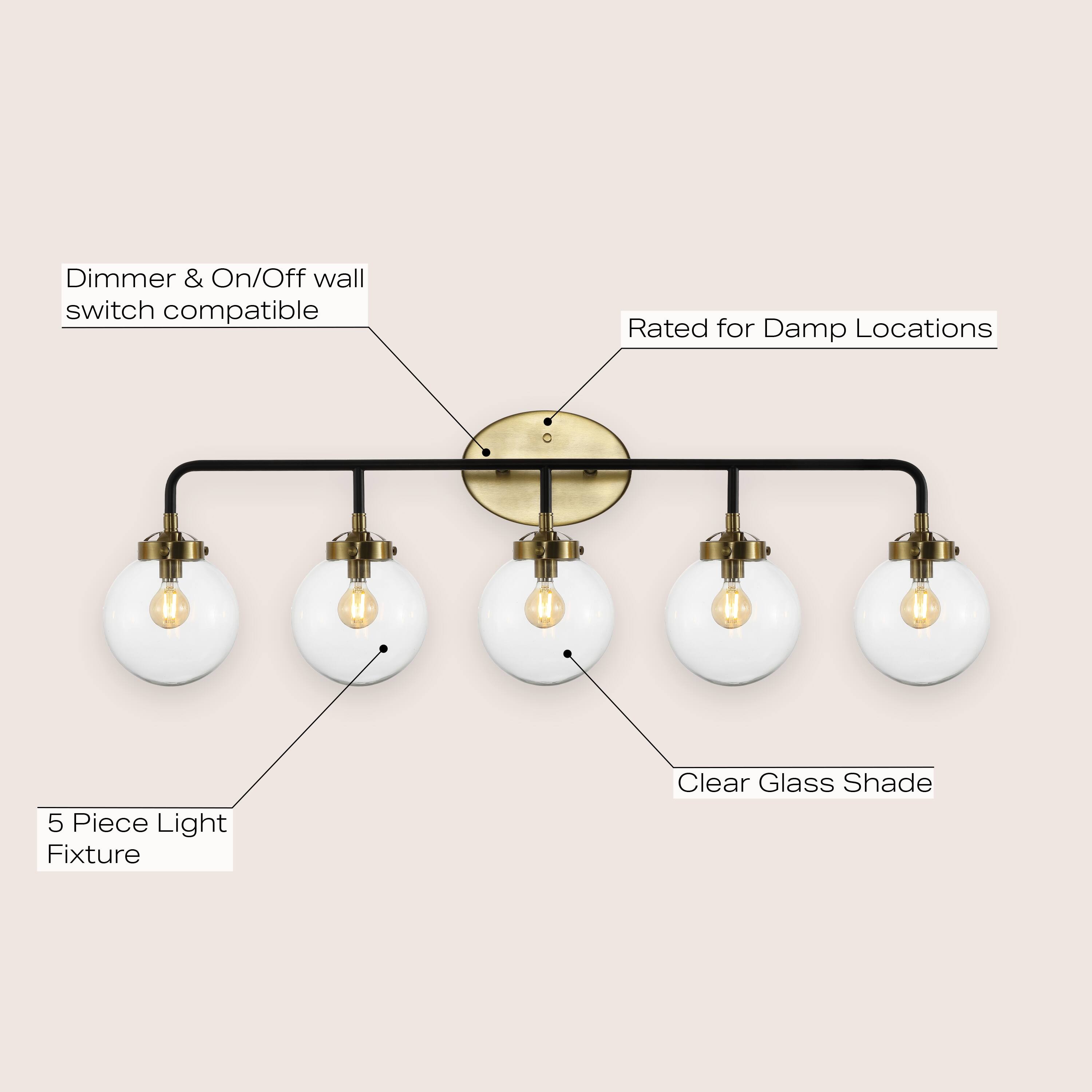 Dimmer & On/Off wall switch compatible  
Rated for Damp Locations  
5 Piece Light Fixture  
Clear Glass Shade