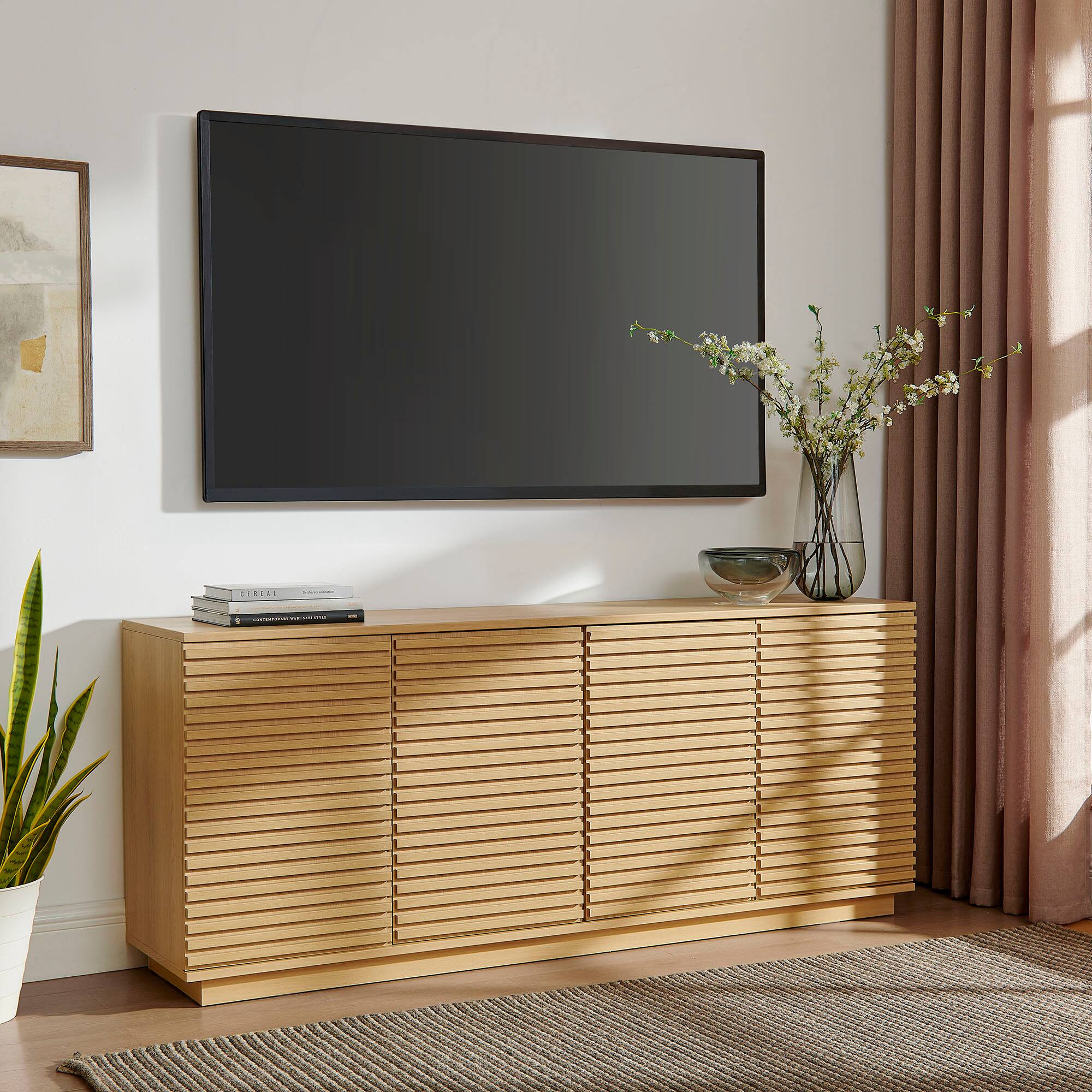 Alt View 1. Modway - Render 4-Door Fluted Sideboard Cabinet TV Stand by Modway - Oak.