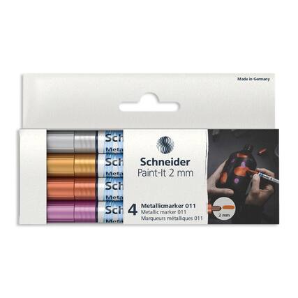 Made in Germany
Schneider Paint-It 2 mm
Schneider Metallic Marker 011
4 Metallic Markers 011
Marqueurs métalliques 011
2 mm