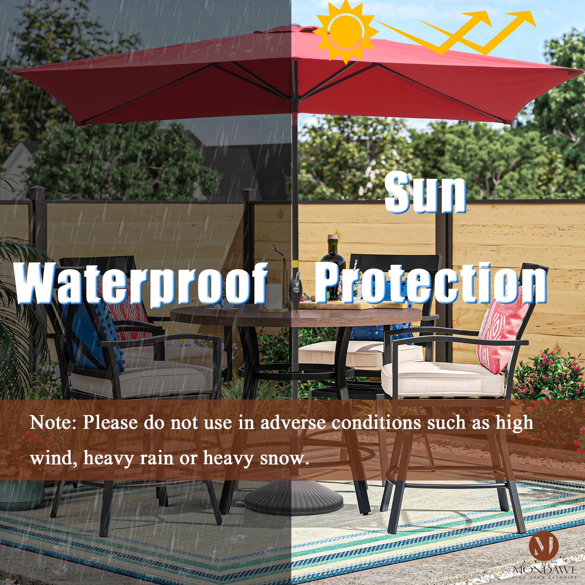 Sun Waterproof Protection  
Note: Please do not use in adverse conditions such as high wind, heavy rain or heavy snow.  

M MONDAWE