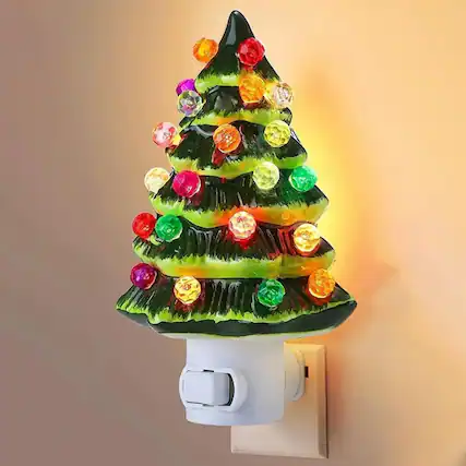 Front. ACJPR - Christmas Tree Night Light, Plug-In, LED, Indoor Holiday Decor - Green.