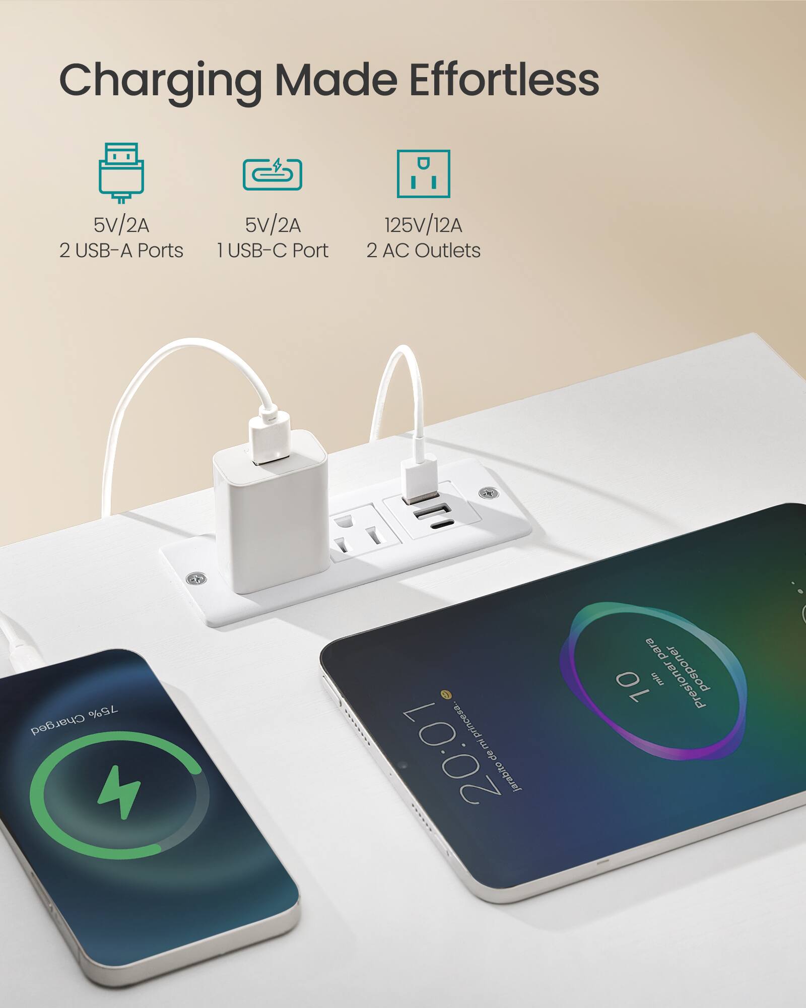 Charging Made Effortless

5V/2A 2 USB-A Ports  
5V/2A 1 USB-C Port  
125V/12A 2 AC Outlets

75% Charged

20:01  
Princessa de jarabito para 10 min posponer
