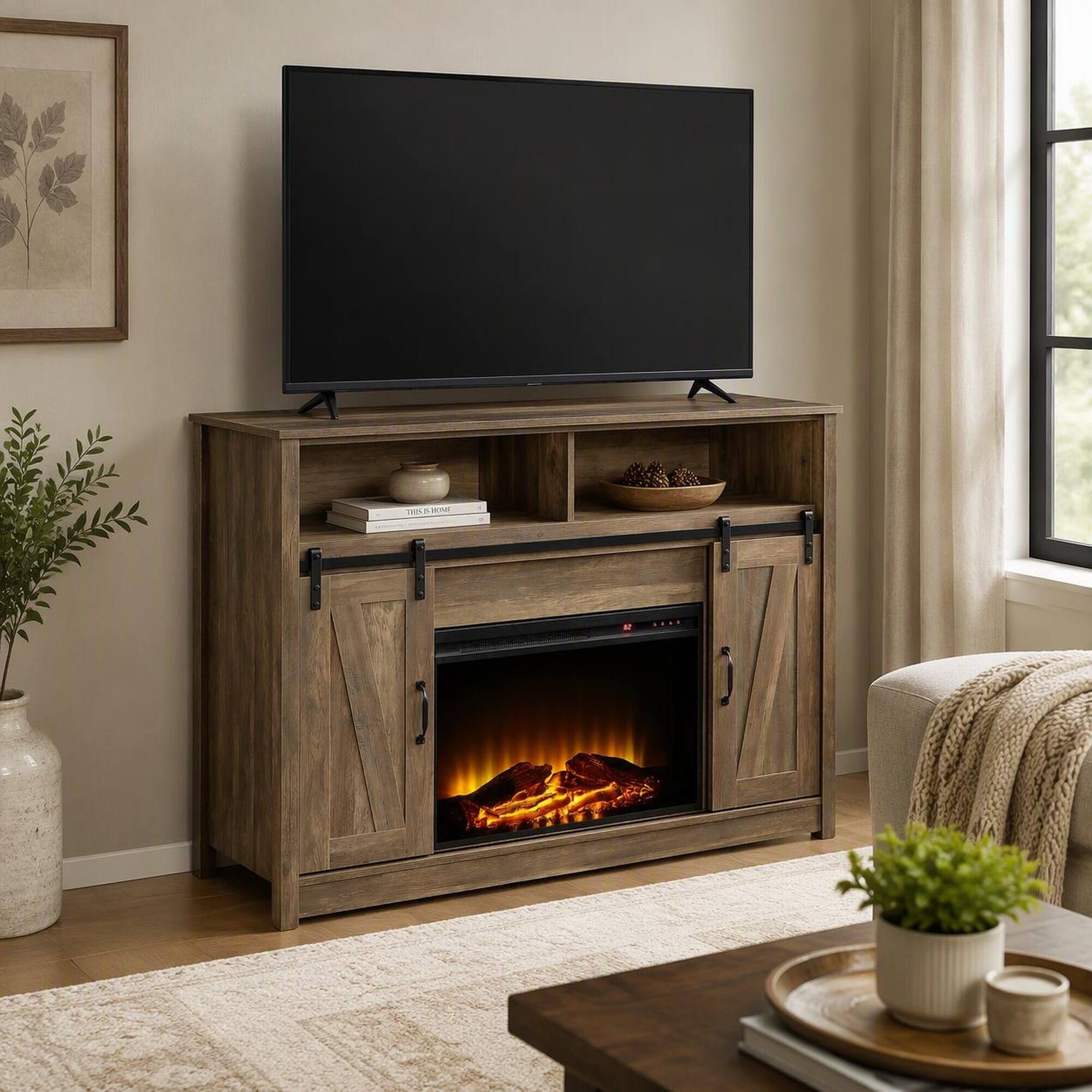 Back. RYHNUYNE - Rustic Oak 2-Door Fireplace With 2 Shelves, Ample Storage Cozy Flame For Living Room Home Decor Organization - Rustic.