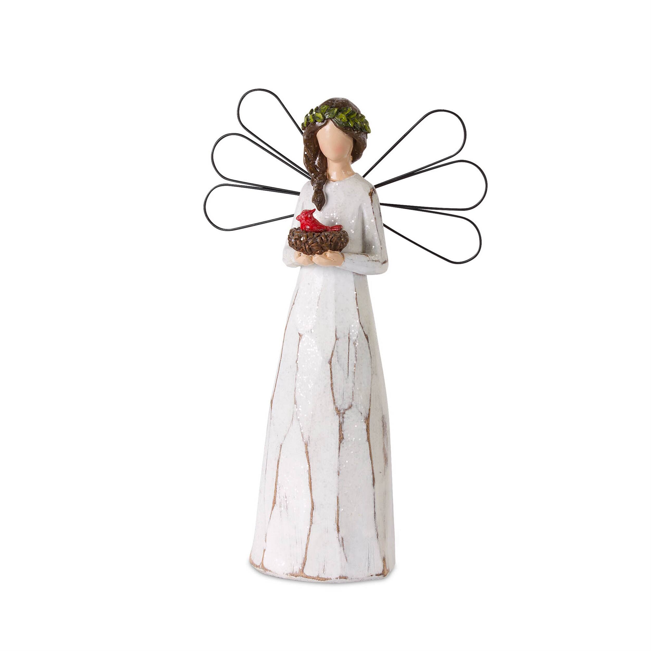 Left. BreeBe - Frosted Winter Angel with Bird and Wreath Accent (Set of 2) - White, Brown, Green.