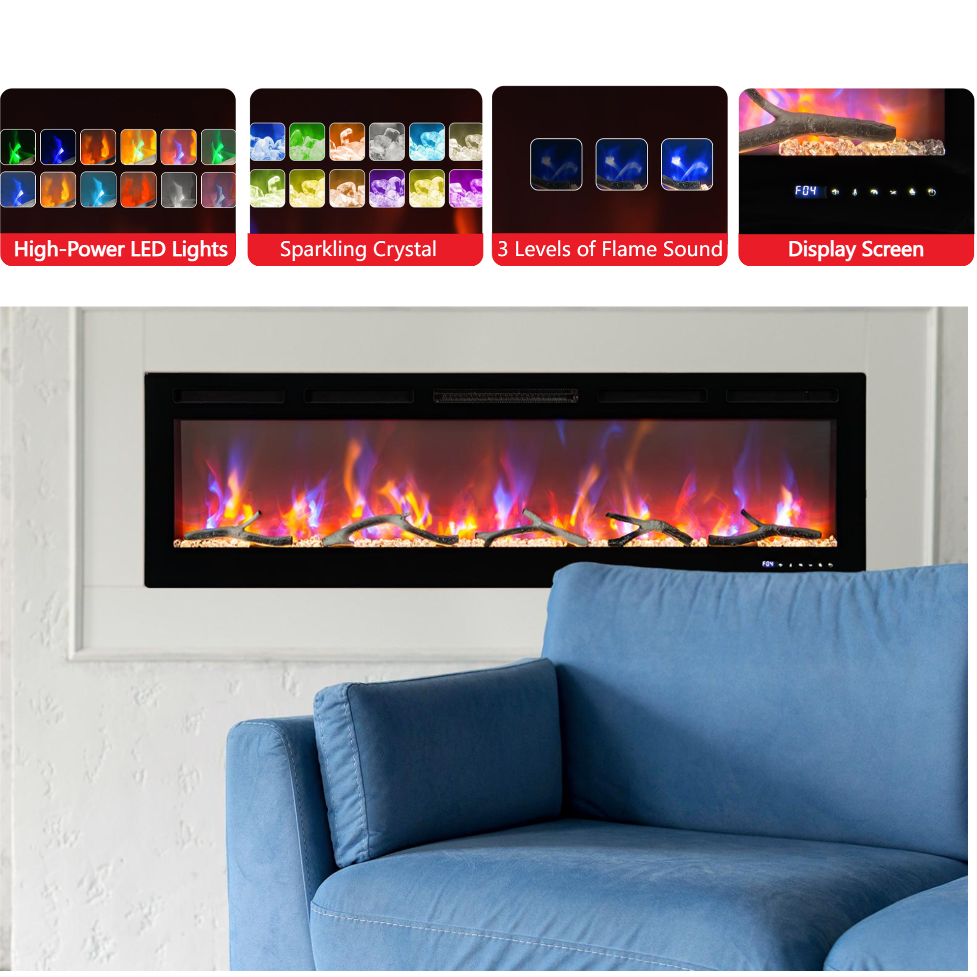 F04 High-Power LED Lights Sparkling Crystal 3 Levels of Flame Sound Display Screen