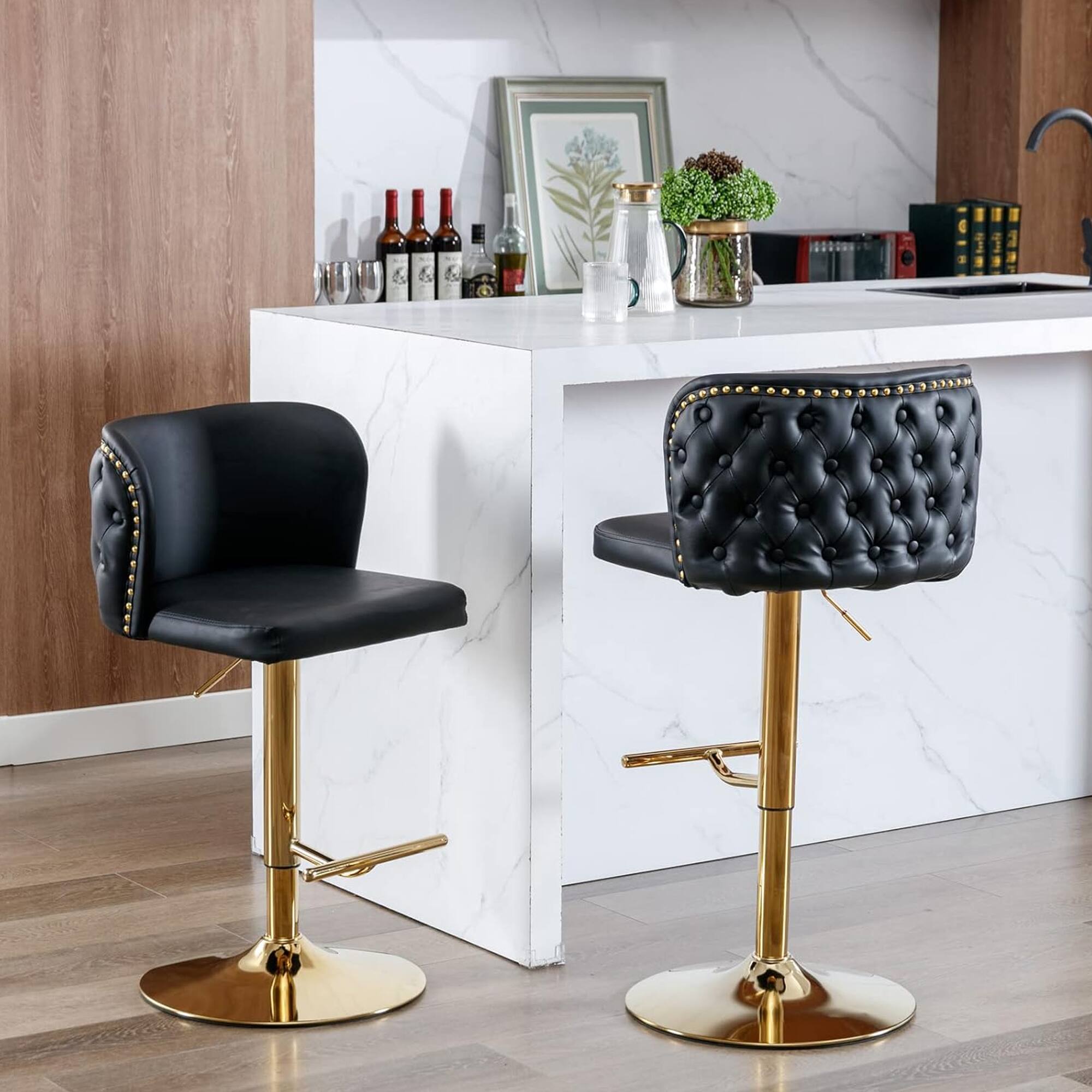 Alt View 1. HTUTWOO - Adjustable Bar Stools Set of 2, Swivel Counter Height Chairs, PU Upholstered Barstools with Button Tufted for Kitchen - Black.