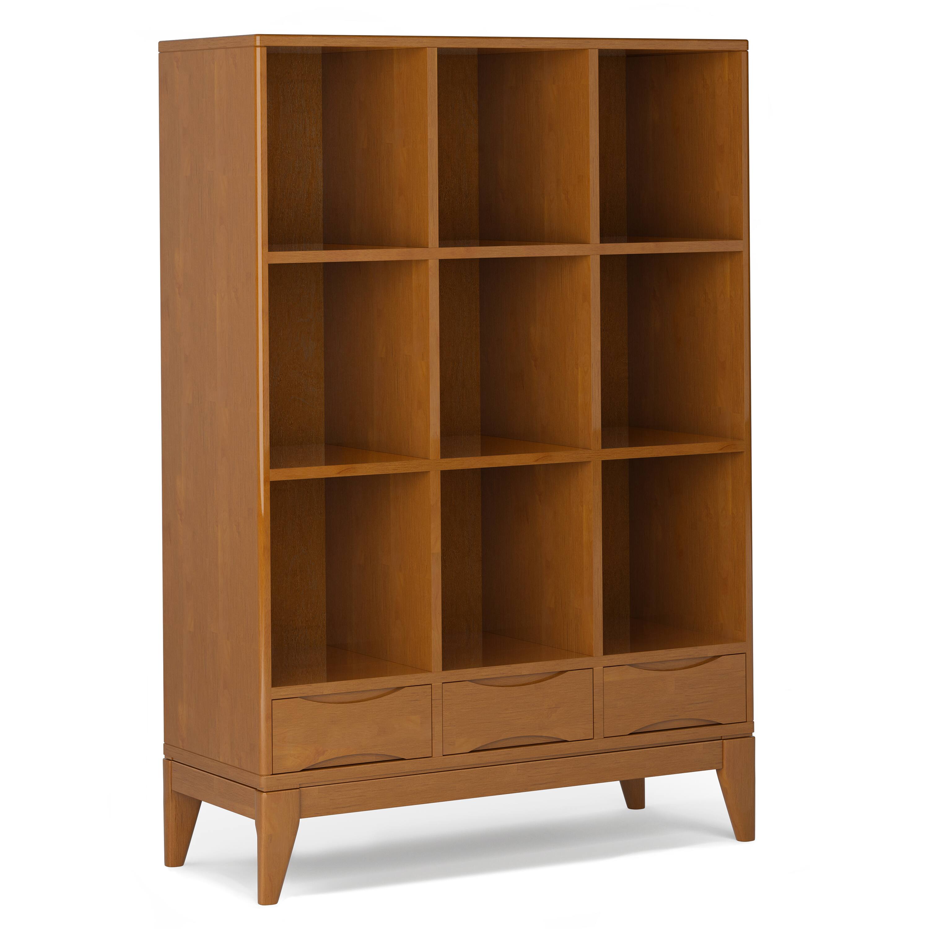 Front. Simpli Home - Harper SOLID HARDWOOD 58 inch x 42 inch Mid Century Modern Cube Storage Bookcase with Drawers in Teak Brown - Teak Brown.