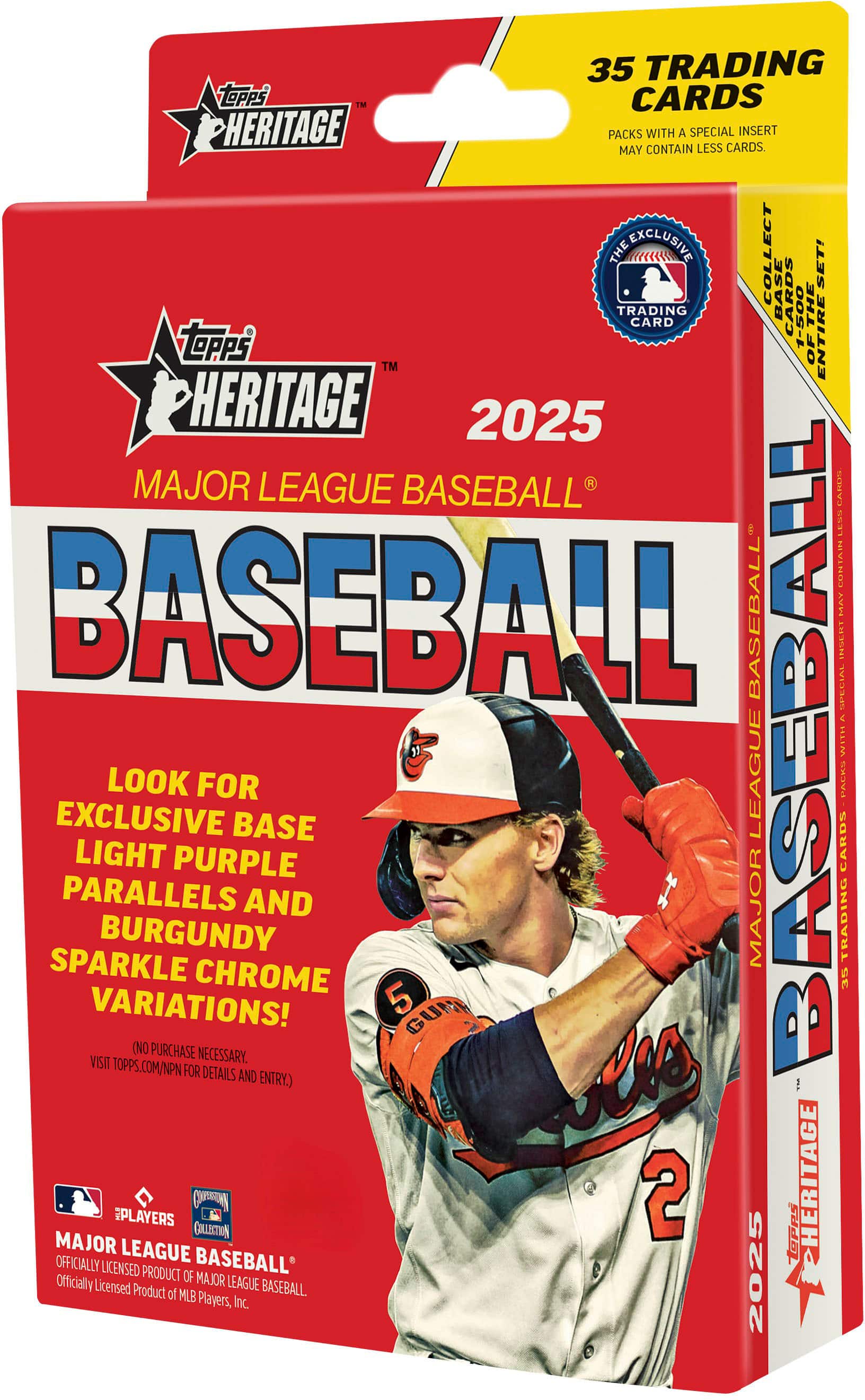 The image features a box of baseball cards from the 2025 Heritage collection. The box contains 35 trading cards, including special cards and a chance to collect the entire set of 1-500 cards. The cards are officially licensed by Major League Baseball and feature a variety of parallels and sparkle chrome variations. The box also includes a special collectible baseball card with exclusive cards and a chance to win prizes. The packs are designed to be opened and enjoyed by baseball fans and collectors alike.
