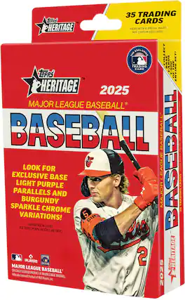 The image features a box of baseball cards from the 2025 Heritage collection. The box contains 35 trading cards, including special cards and a chance to collect the entire set of 1-500 cards. The cards are officially licensed by Major League Baseball and feature a variety of parallels and sparkle chrome variations. The box also includes a special collectible baseball card with exclusive cards and a chance to win prizes. The packs are designed to be opened and enjoyed by baseball fans and collectors alike.