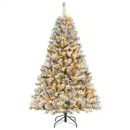 WELLFOR - 6ft Pre‑lit Snow‑Flocked Hinged Artificial Christmas Tree with 664 Branch Tips &300 LED Lights for Xmas Decorated - Green & White