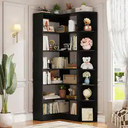 Aheaplus - 6-Tier Corner Bookshelf, 71'' Tall L-Shaped Bookcase with 13 Shelves for Home & Office - Black