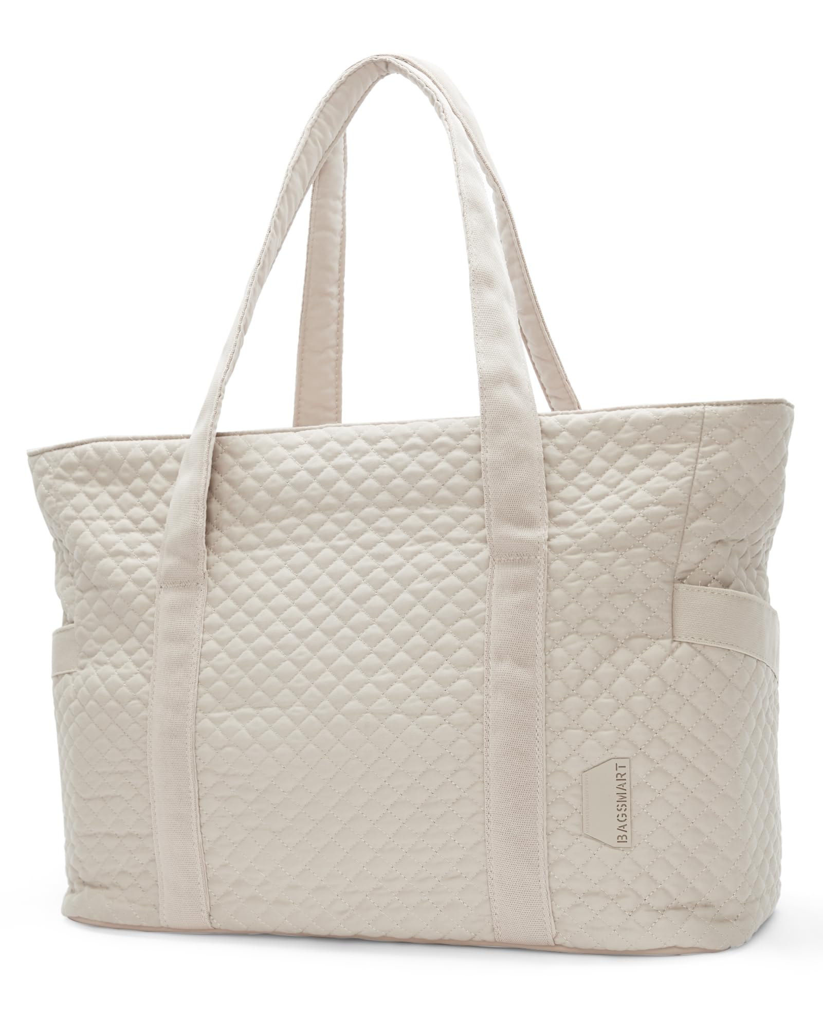 Front. DORLUKFU - Crush Tote Bag for Women, 20L Puffer Work Tote with Zipper, Travel Essentials Quilted Nurse Hospital Bag - Beige.