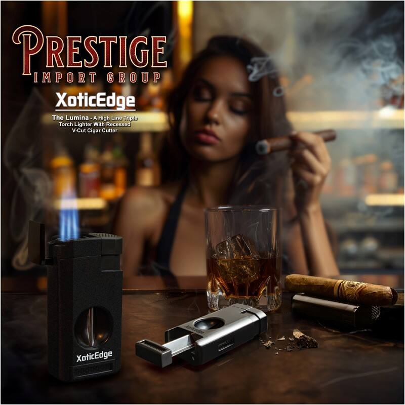 PRESTIGE IMPORT GROUP  
XoticEdge  
The Lumina - A High Line Triple Torch Lighter With Recessed V-Cut Cigar Cutter