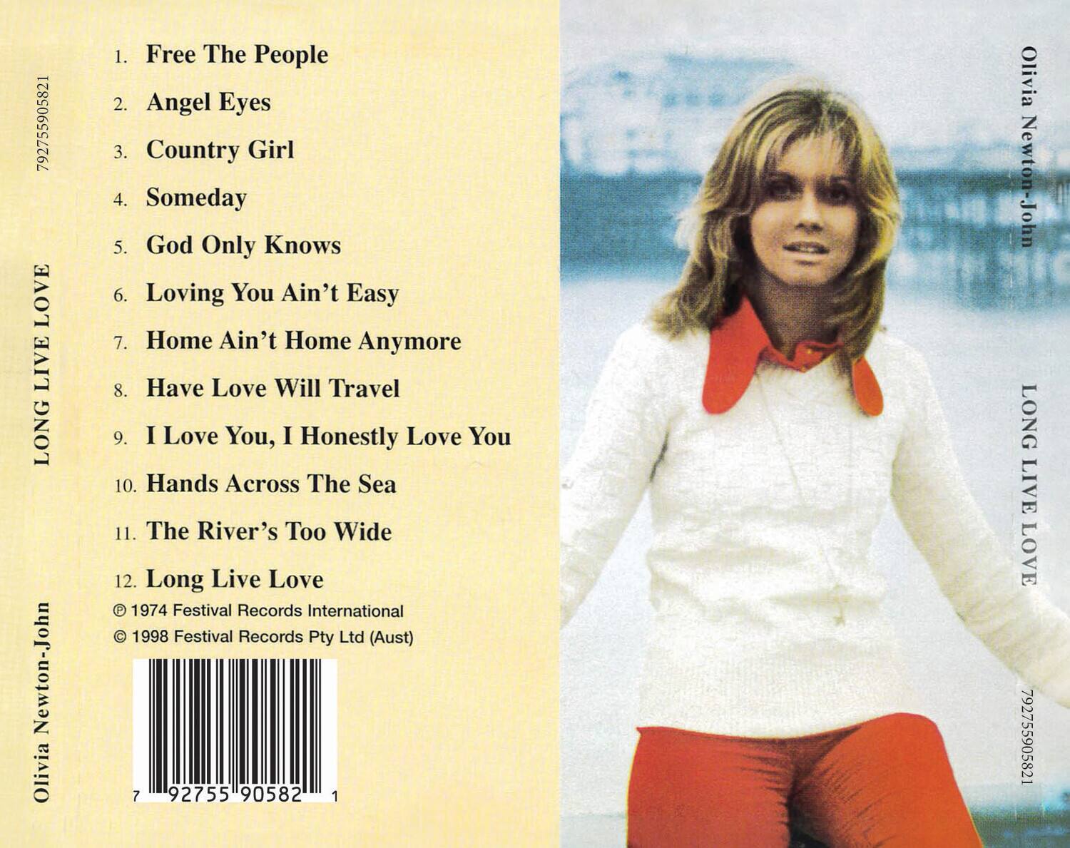 **Olivia Newton-John**  
**LONG LIVE LOVE**

1. Free The People  
2. Angel Eyes  
3. Country Girl  
4. Someday  
5. God Only Knows  
6. Loving You Ain't Easy  
7. Home Ain't Home Anymore  
8. Have Love Will Travel  
9. I Love You, I Honestly Love You  
10. Hands Across The Sea  
11. The River's Too Wide  
12. Long Live Love  

© 1974 Festival Records International  
© 1998 Festival Records Pty Ltd (Aust)  

792755905821  
792755905821  
792755905821  
792755905821  
792755905821  
792755905821  
792755905821  
792755905821  
792755905821  
792755905821  
