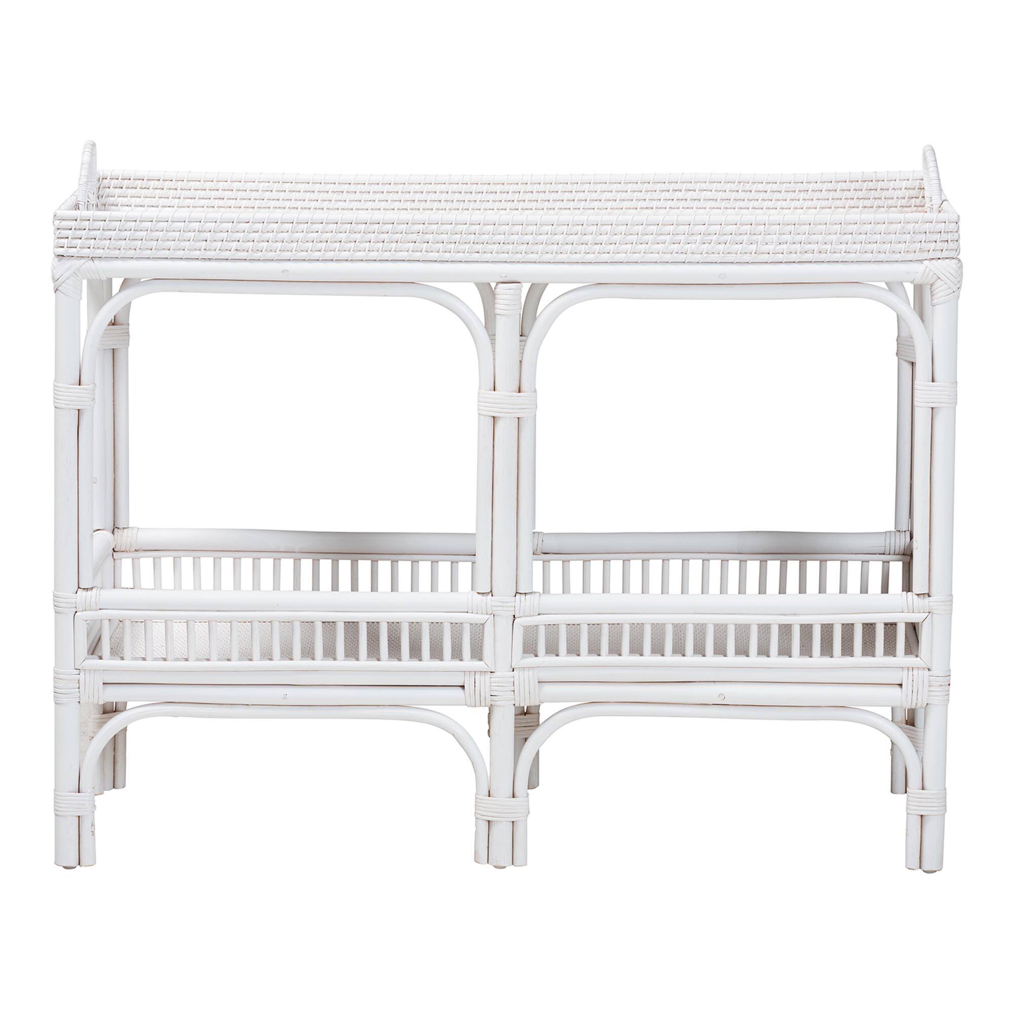 Angle. bali & pari - Lombok Natural Rattan Console Table - Handwoven Wicker 2-Tier Accent Table with Raised Tray Top - White.