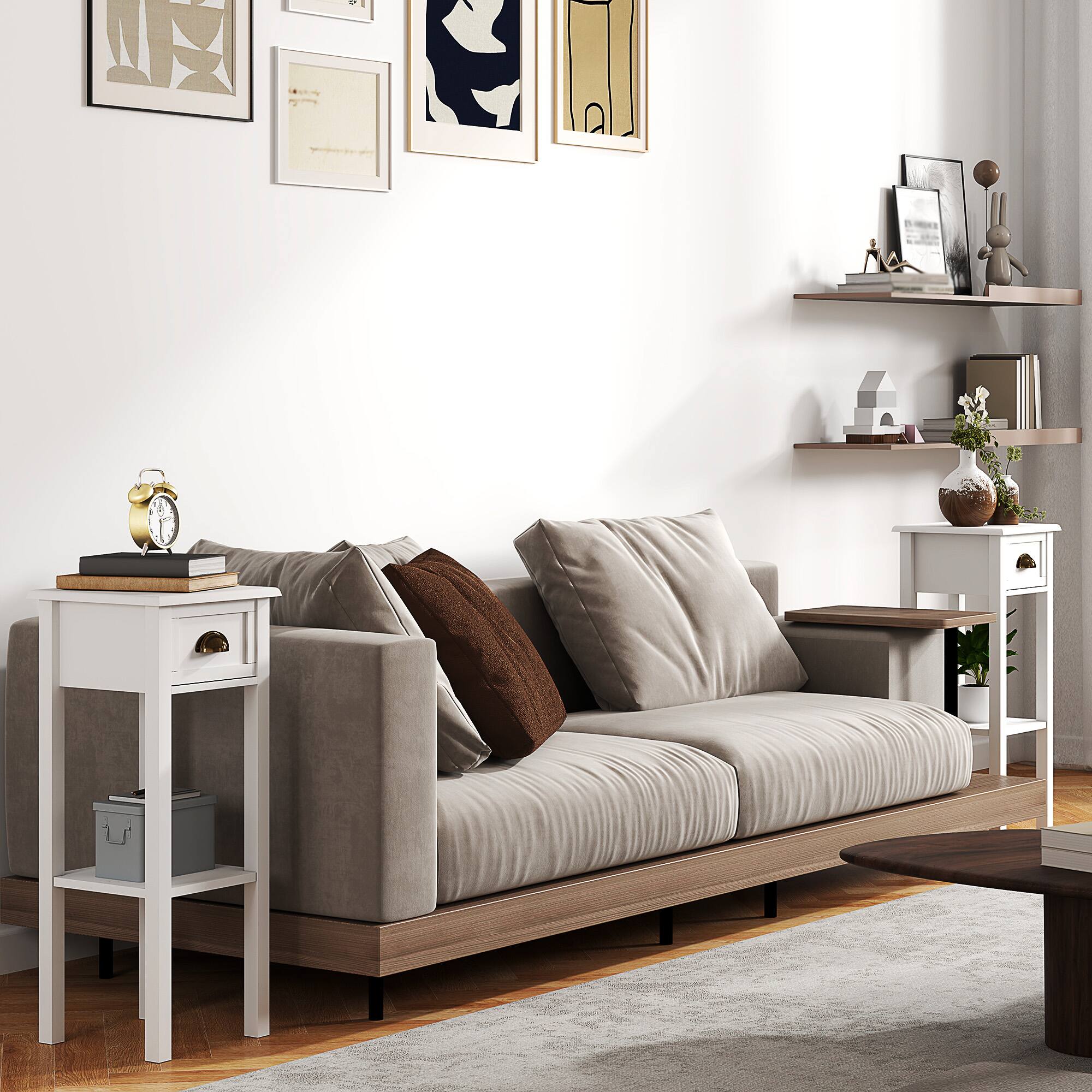 Alt View 1. Homcom - Side Tables Set of 2 with Drawer and Shelf - White.