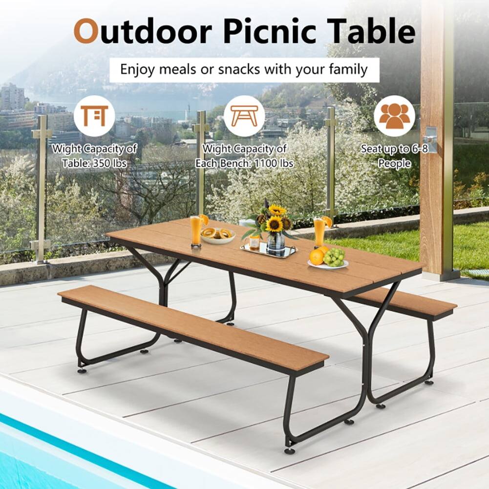 Outdoor Picnic Table  
Enjoy meals or snacks with your family  

Weight Capacity of Table: 350 lbs  
Weight Capacity of Each Bench: 1100 lbs  
Seat up to 6-8 People