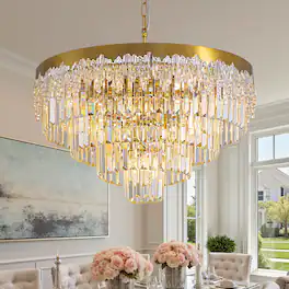 Siljoy - 24 Inch Modern Tiered Crystal Chandelier, Glacier Textured Round Pendant Light for Dining Room Living Room Foyer - Gold