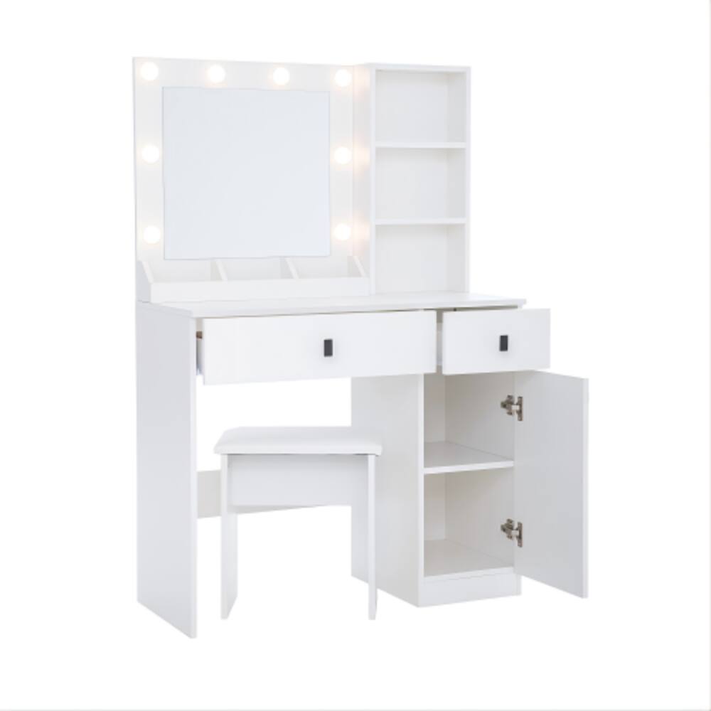 Alt View 2. LUCKY ONE - Vanity Desk with LED Mirror, Large Drawers, Three Level Storage and Stool for Bedroom - White.
