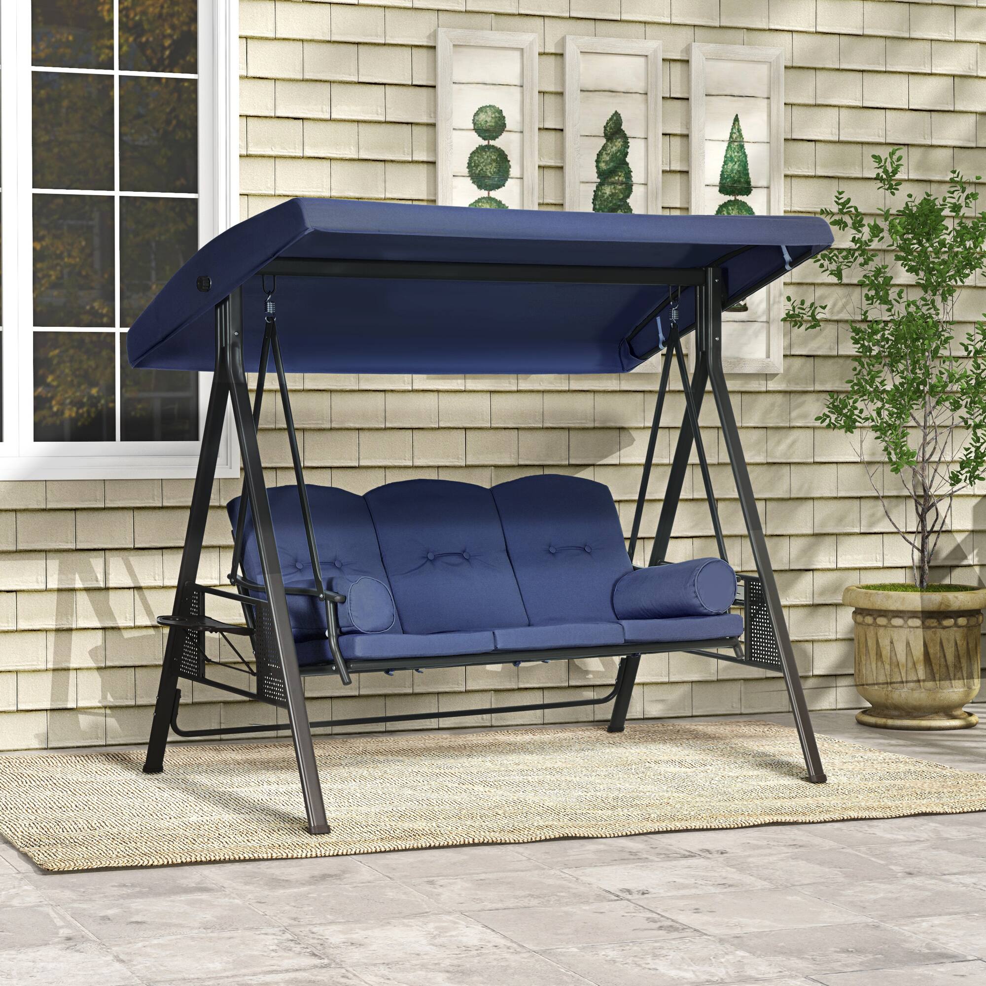 Alt View 1. Outsunny - Outdoor Porch Swing Chair with Adjustable Canopy, Cushion and Pillows for Garden, Poolside - Dark Blue.