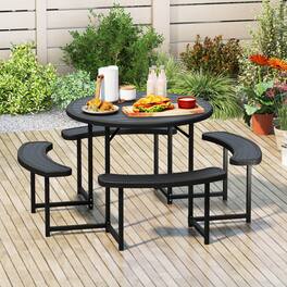 Costway - Round Picnic Table Bench Set with 4 Benches Umbrella Hole All Weather Tabletop - Black