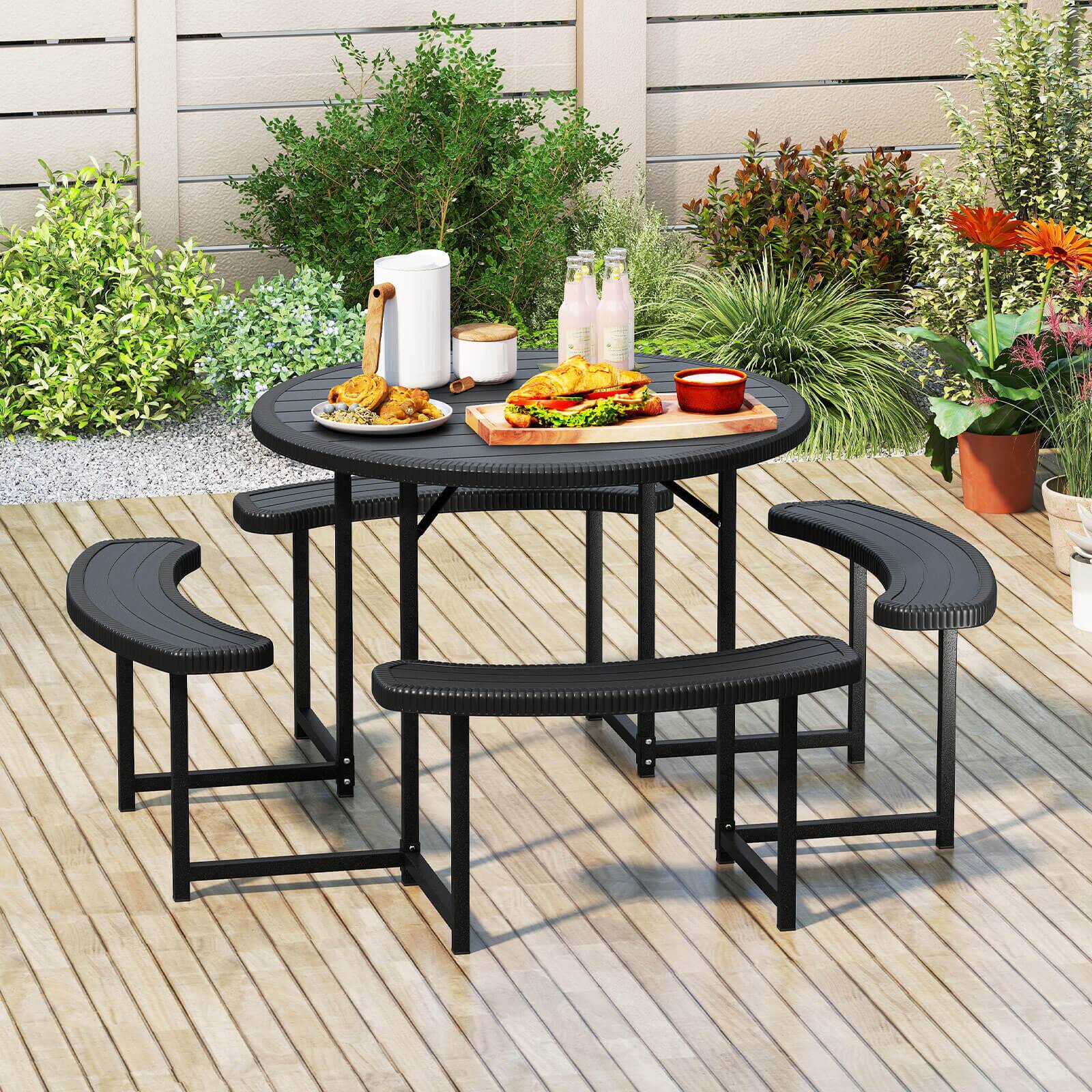 Alt View 2. Costway - Costway Round Picnic Table Bench Set with 4 Benches Umbrella Hole All Weather Tabletop - Black.