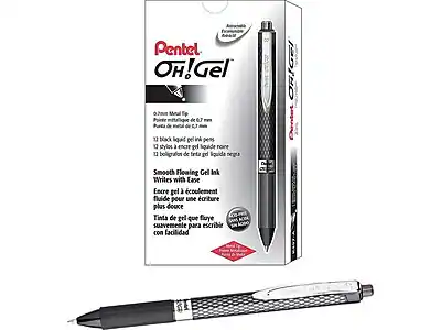 Pentel OH! Gel
0.7mm Medium Tip
Pointe métallique de 0.7mm
Punta de metal de 0.7mm
12 Black liquid gel ink pens
12 stylos à encre gel liquide noire
12 bolígrafos de tinta gel líquida negra
Smooth Flowing Gel Ink
Writes with Ease
Encre gel à l'écoulement fluide pour une écriture plus douce
Tinta de gel que fluye suavemente para escribir con facilidad
Eco-friendly
Amigable con el medio ambiente
12 pens