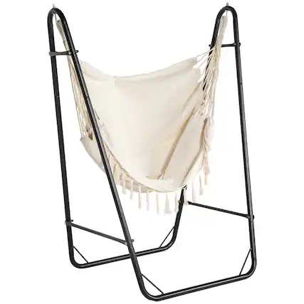 Front. Outsunny - Patio Hammock Chair with U Shape Stand, Outdoor Hammock Swing Hanging Lounge Chair with Side Pocket - Cream White.