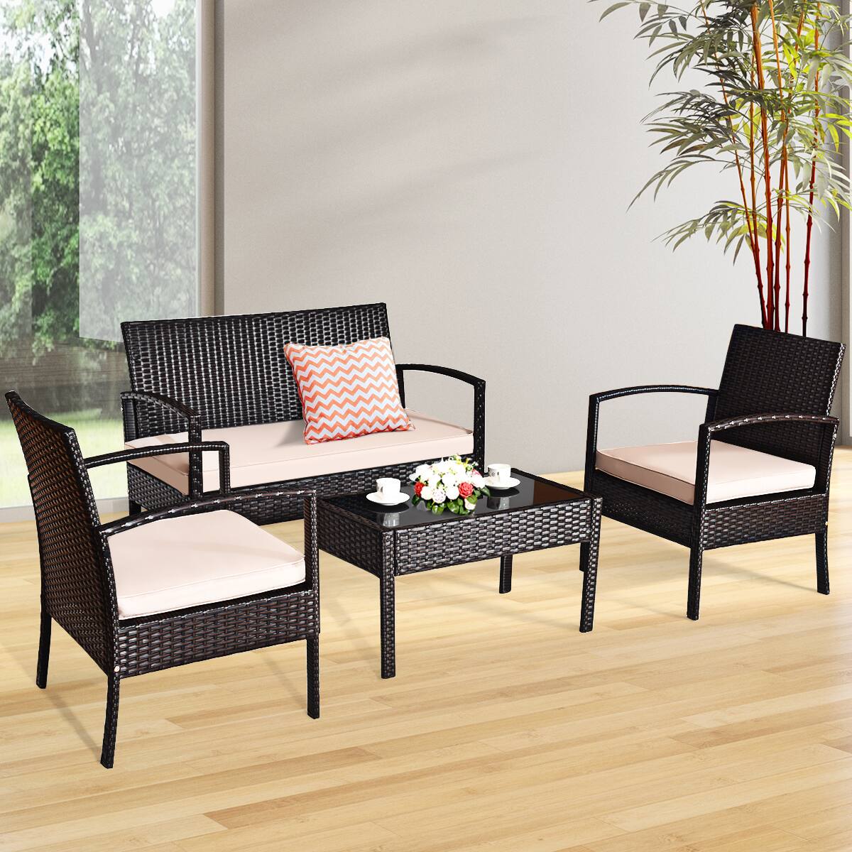 Alt View 5. Gymax - Gymax 4PCS Patio Rattan Set Cushioned Sectional Sofa Glass Table - as pics.