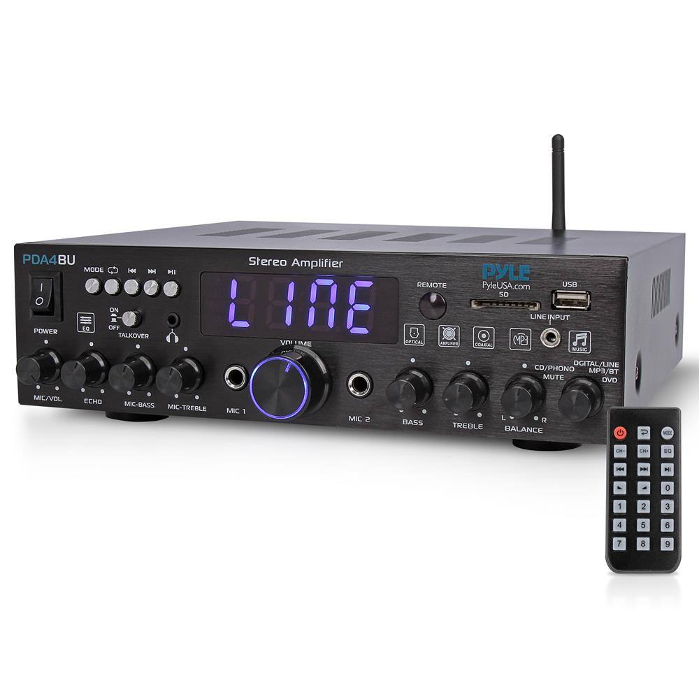 PDA4BU
Stereo Amplifier
PYLE
PyleUSA.com
MODE HH HI I O ON - EO OFF
POWER TALKOVER
MIC/VOL ECHO MIC-BASS MIC-TREBLE
MIC 1
MIC 2
BASS
TREBLE
BALANCE
LINE INPUT
OPTICAL
REMOTE
USB SD
CD/PHONO MUTE
DIGITAL/LINE MP3/BT
DVD
MUTE
MUSIC
0 1 2 3 4 5 7 8 9
REMOTE
PYLE
PyleUSA.com
USB SD
LINE INPUT
CD/PHONO MUTE
DIGITAL/LINE MP3/BT
DVD
MUTE
MUSIC
0 1 2 3 4 5 7 8 9