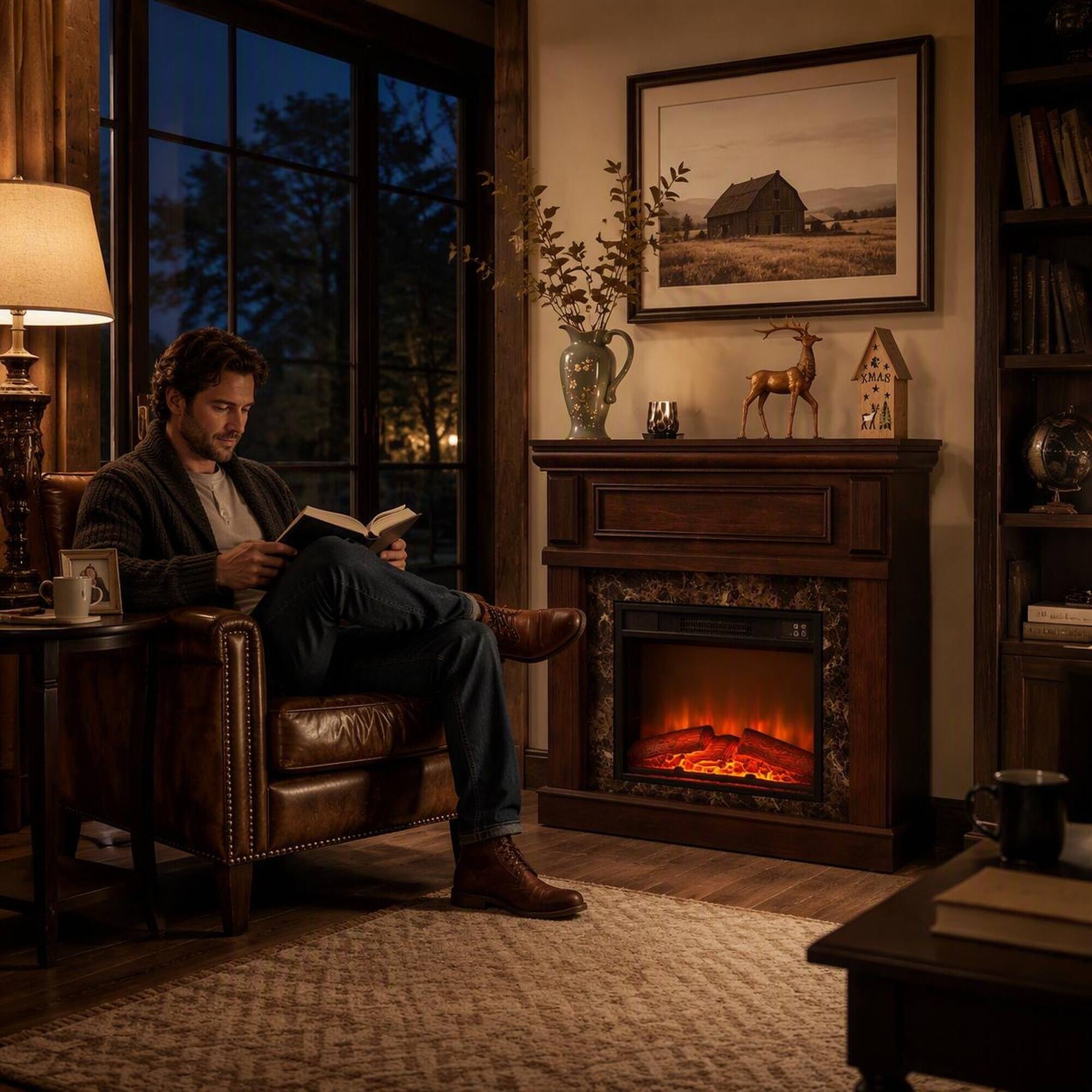 Left. RYHNUYNE - Cherry Electric Fireplace with Mantel Surround, 23-Inch Insert, 3 Flame Settings, Remote Control - Cherry.