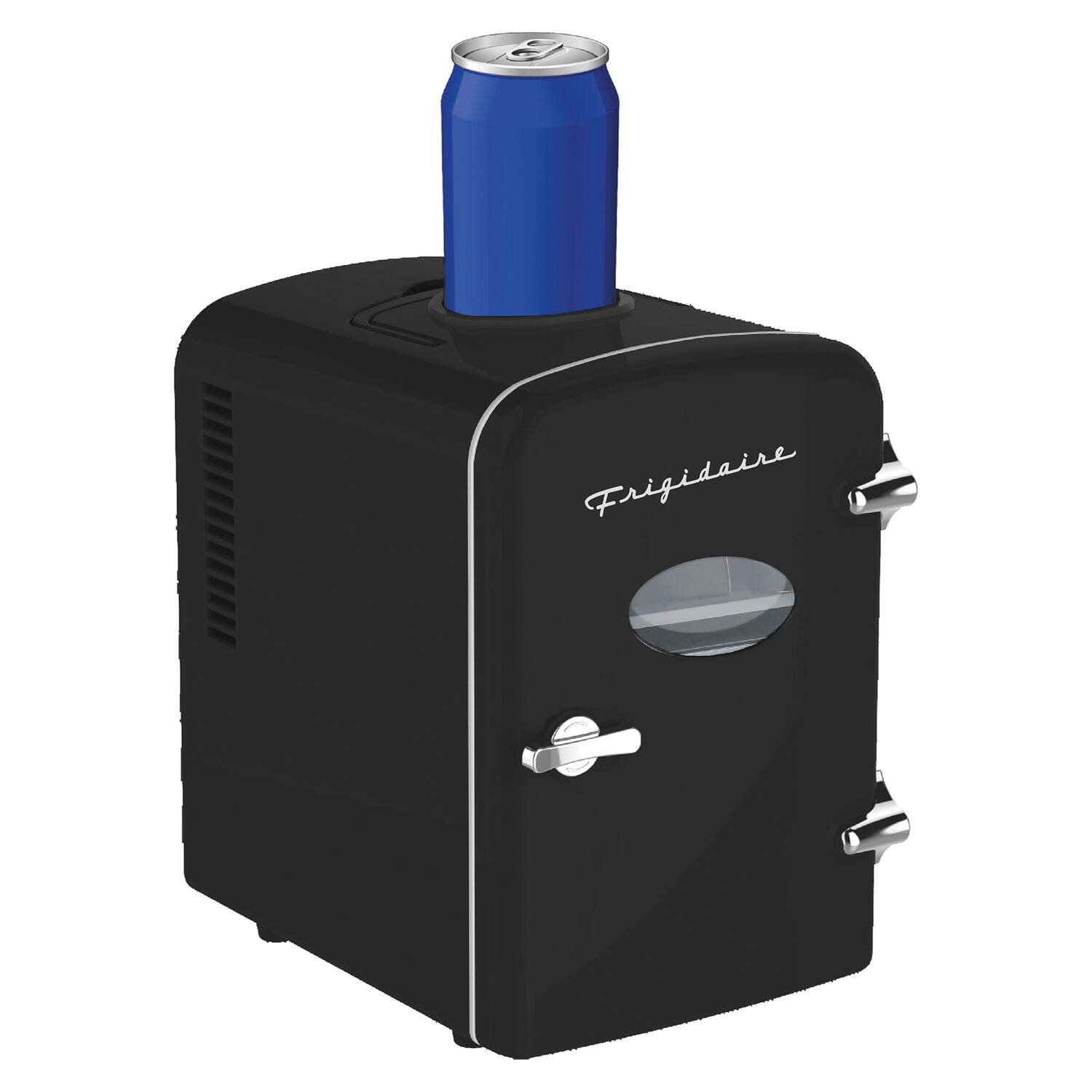 Left. Frigidaire - 6+1-Can 48W Retro Mini Portable Fridge with Top-Mounted Active-Cooling Can Holder - Black.