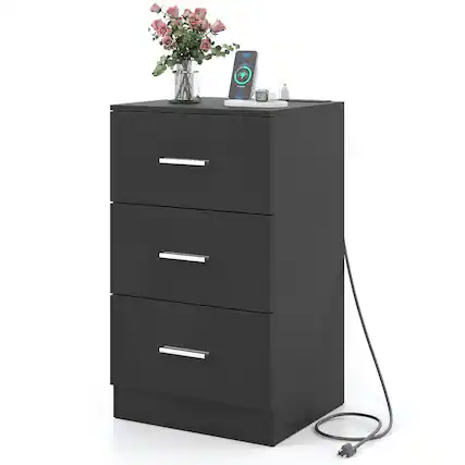 Front. Costway - Costway Nightstand with Charging Station, 3 Storage Drawers, Bedside Table for Bedroom - Black.